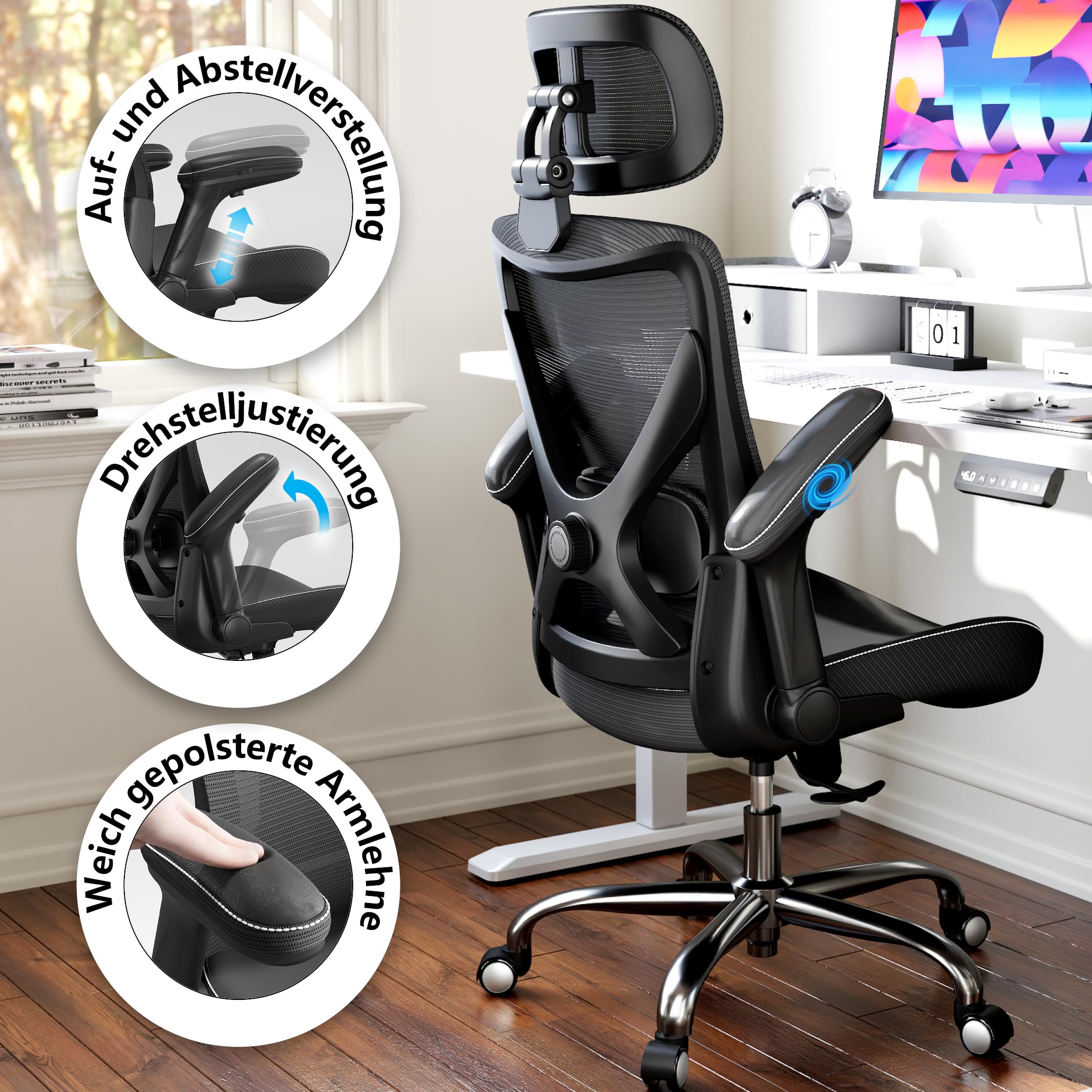 TRALT Bürostuhl - Ergonomischer Bürostuhl mit Verstellbare Lordosenstütze Kopfstütze Office Desk Chair - Gaming Stuhl in X-Form Büro Stuhl… – Ansicht 6