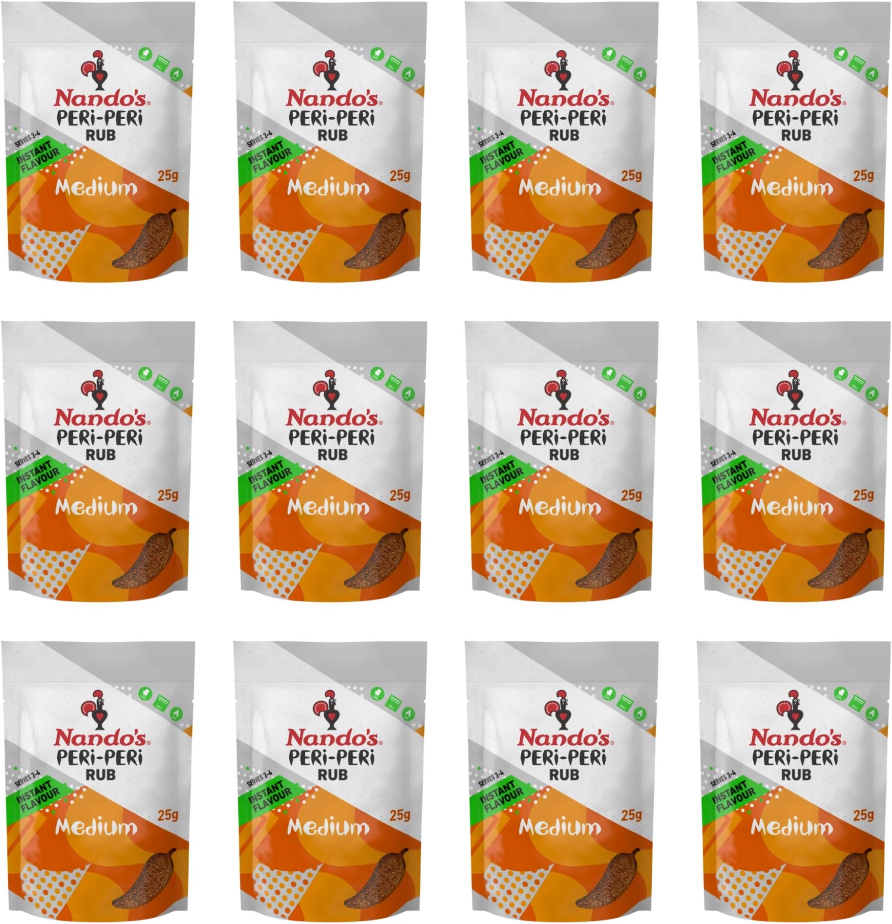 Nando's PERi-PERi Medium Dry Rub - BBQ Seasoning Instant Flavor with a Blend of Garlic, Herbs and Spices with PERi-Peri 25g Bags (12PK)