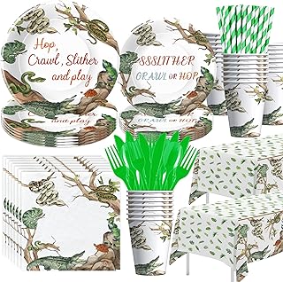 HIPVVILD Reptile Birthday Party Supplies - Reptile Party Decorations, Plate, Cup, Napkin, Tablecloth, Tableware, Jungle Swamp Animal Lizard Snake Turtle Alligator Theme Party Decorations | Serve 24