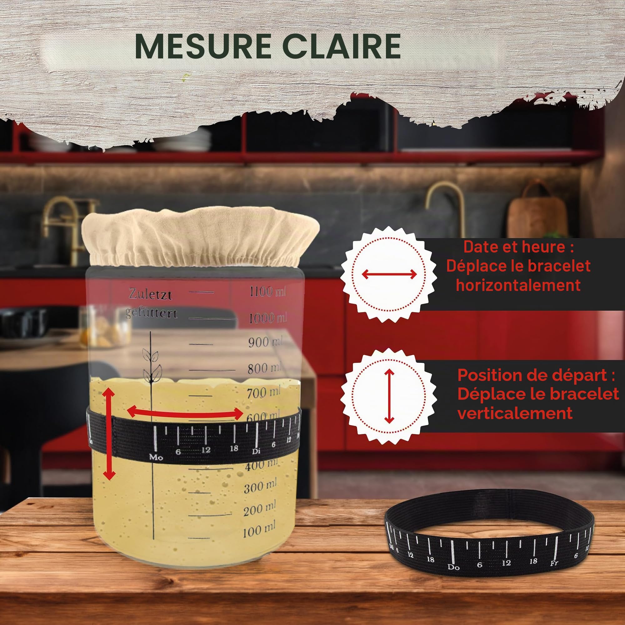 Kit de démarrage pour levain - Bocal 1100 ML avec thermomètre, Bande de nourrissage, racloir, Couverture et Couvercle en Aluminium - Accessoires pour la Boulangerie Maison