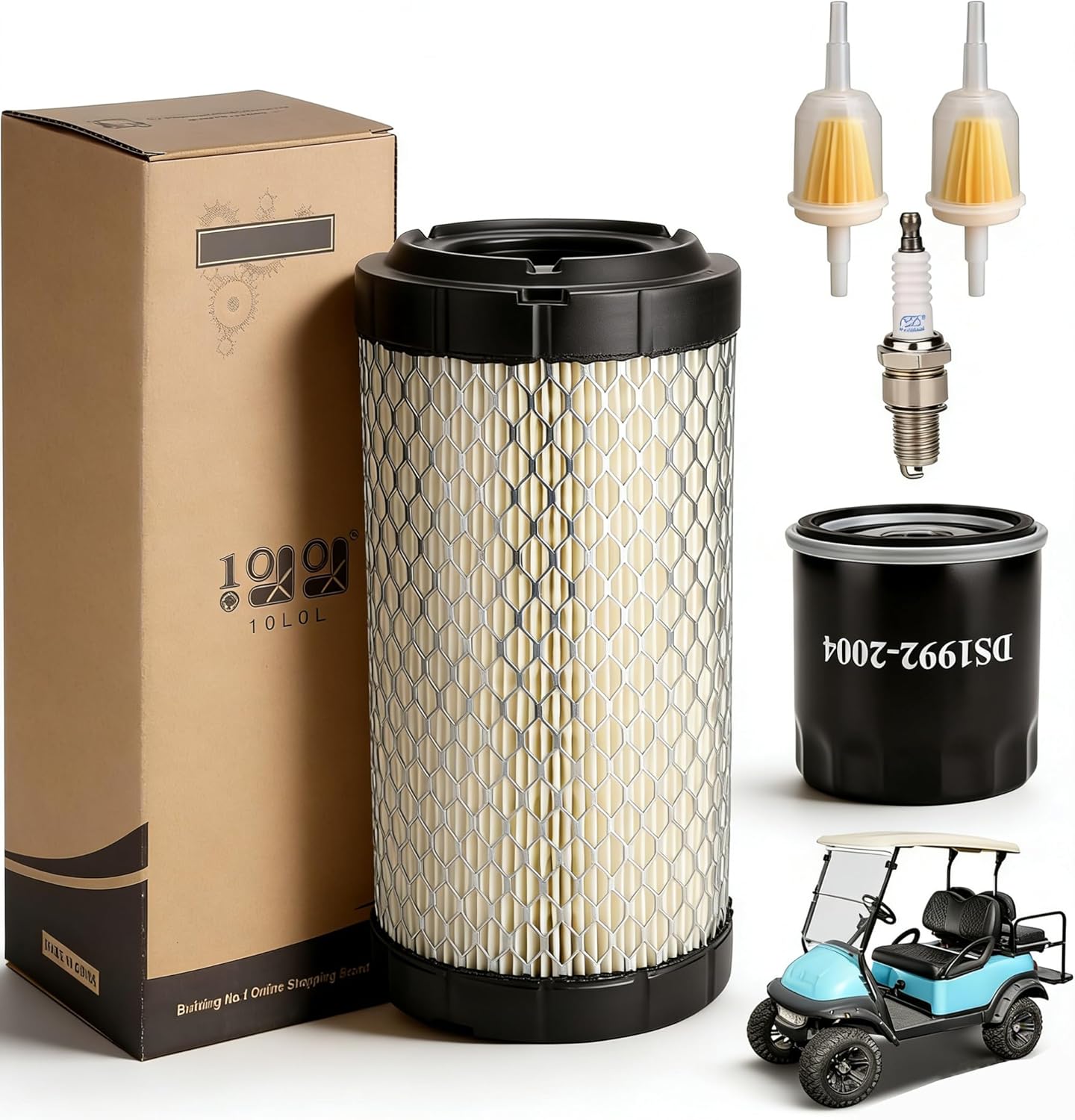 10L0L Golf Cart Tune Up Kit for Club Car Precedent 2004 up with FE290 FE350 Kawasaki Motor, Include Air Filter Oil Filter & Spark Plug, OEM# 102558201, 102003201, 1016467