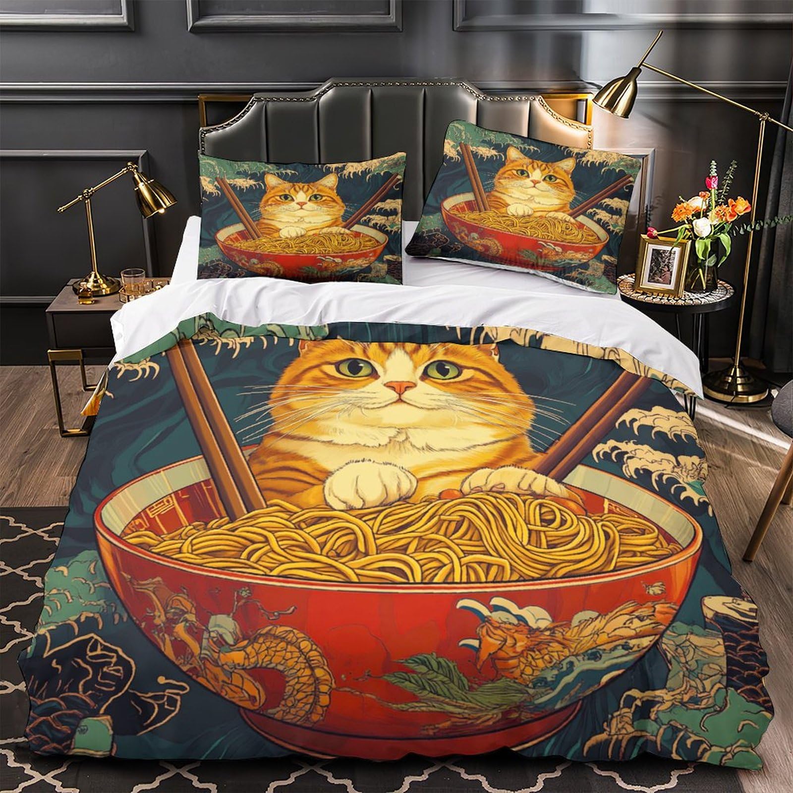 3D Drucken Bettwäsche Set Ginger Katze Ramen-Nudeln 3 Teilig Bettbezug Luxus Modern Mit Reißverschluss Für Geschenke Zimmer Deko Für Erwachsene Und Kinder King（220x240cm）