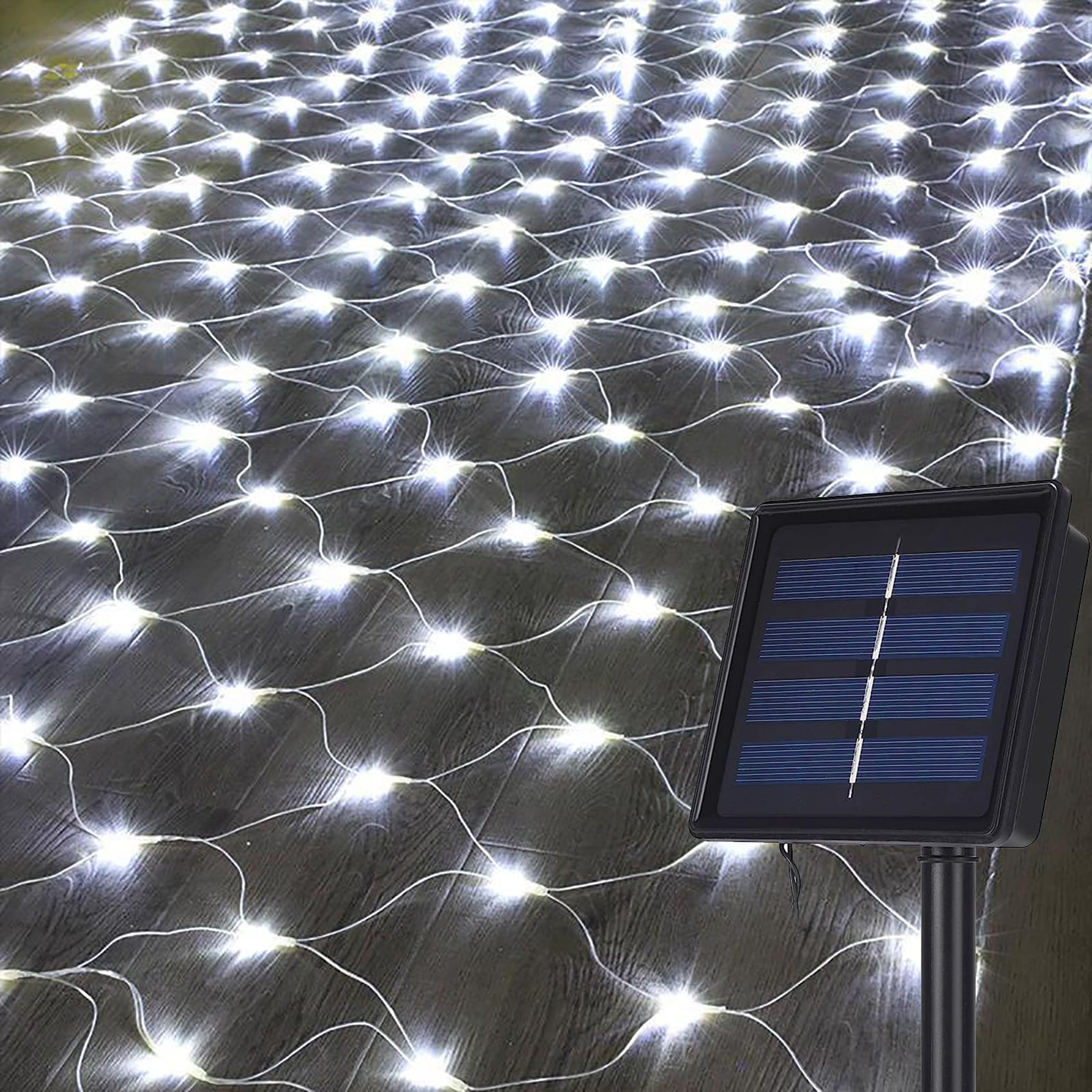 DINOWIN Solar Net Lights Outdoor Garden, 100LED 1.1M X 1.1M Waterproof 8 Modes Solar Mesh Fairy Icicle String Lights for Backyard Patio Gazebo Fence Lounge Party Decoration (White)