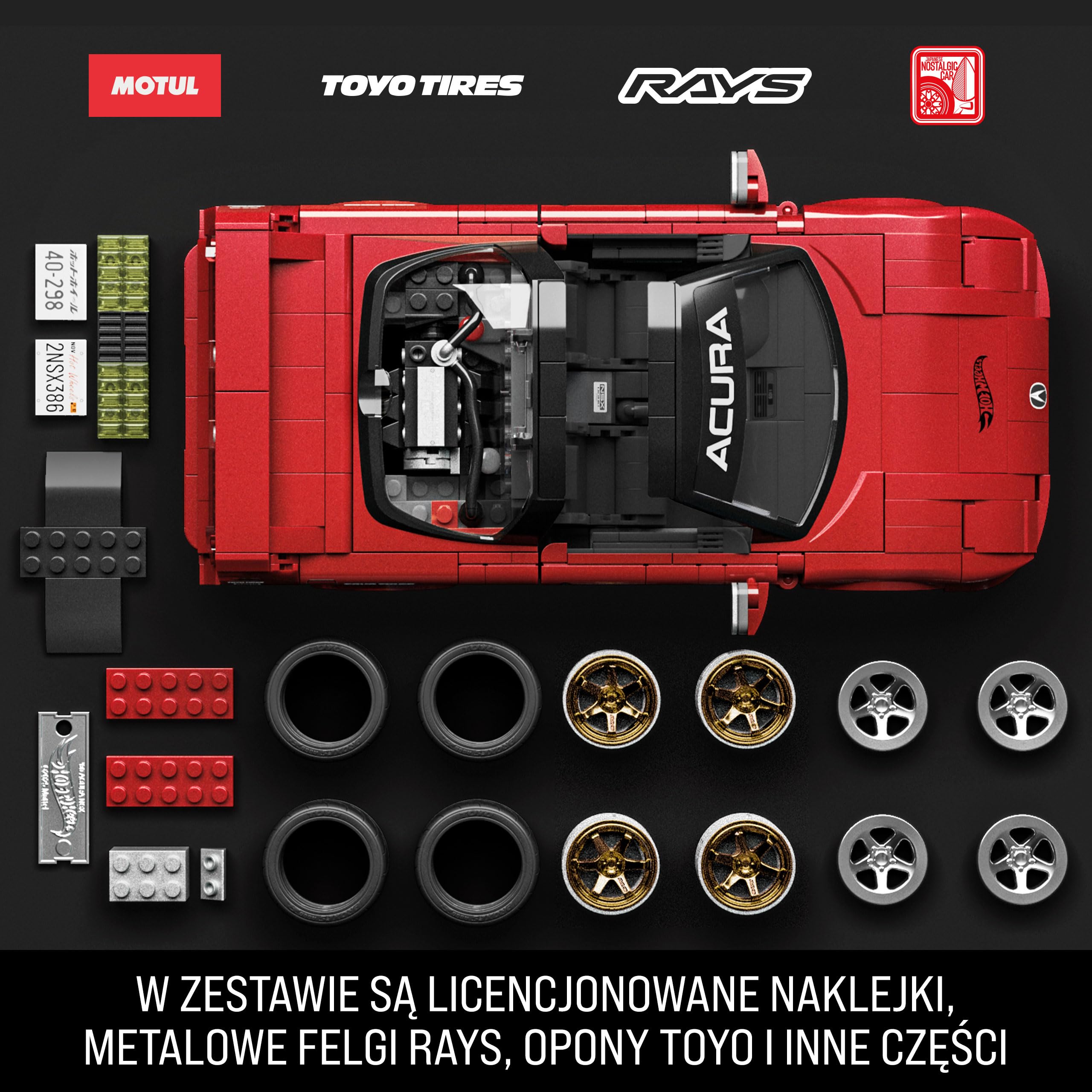 Mattel Brick Shop Hot Wheels Elite Series ’90 Acura NSX zestaw | 876 elementów, realistyczne detale, naklejki, metalowy model 1:64, dla kolekcjonerów i dzieci 10+, JFT17