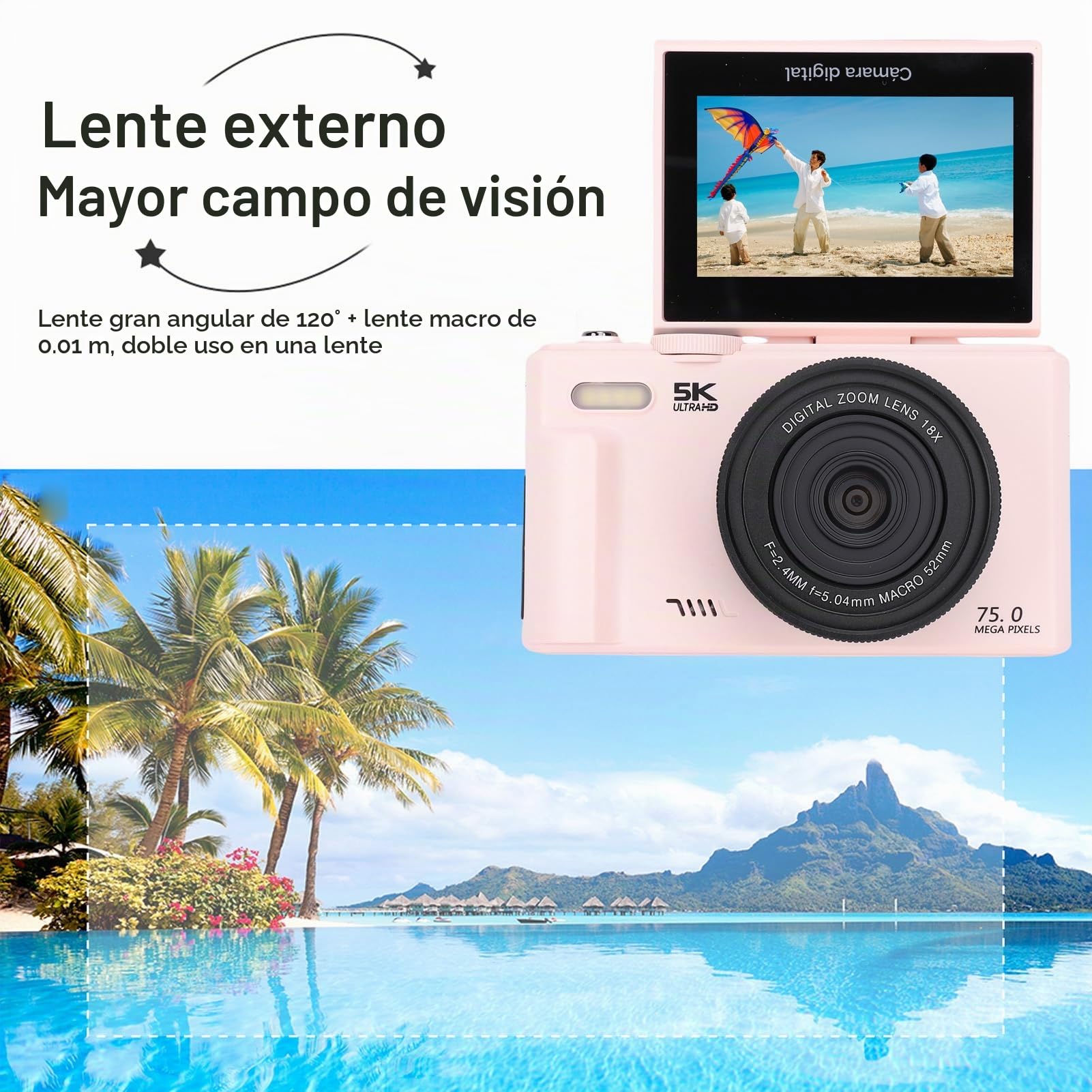 Cámara Digital 5K 75MP con WiFi y Pantalla Giratoria 180°, Cámara Vlogging para Youtube con Zoom 18X, Enfoque Automático Filtro Belleza, Fotografía Macro, Webcam HD