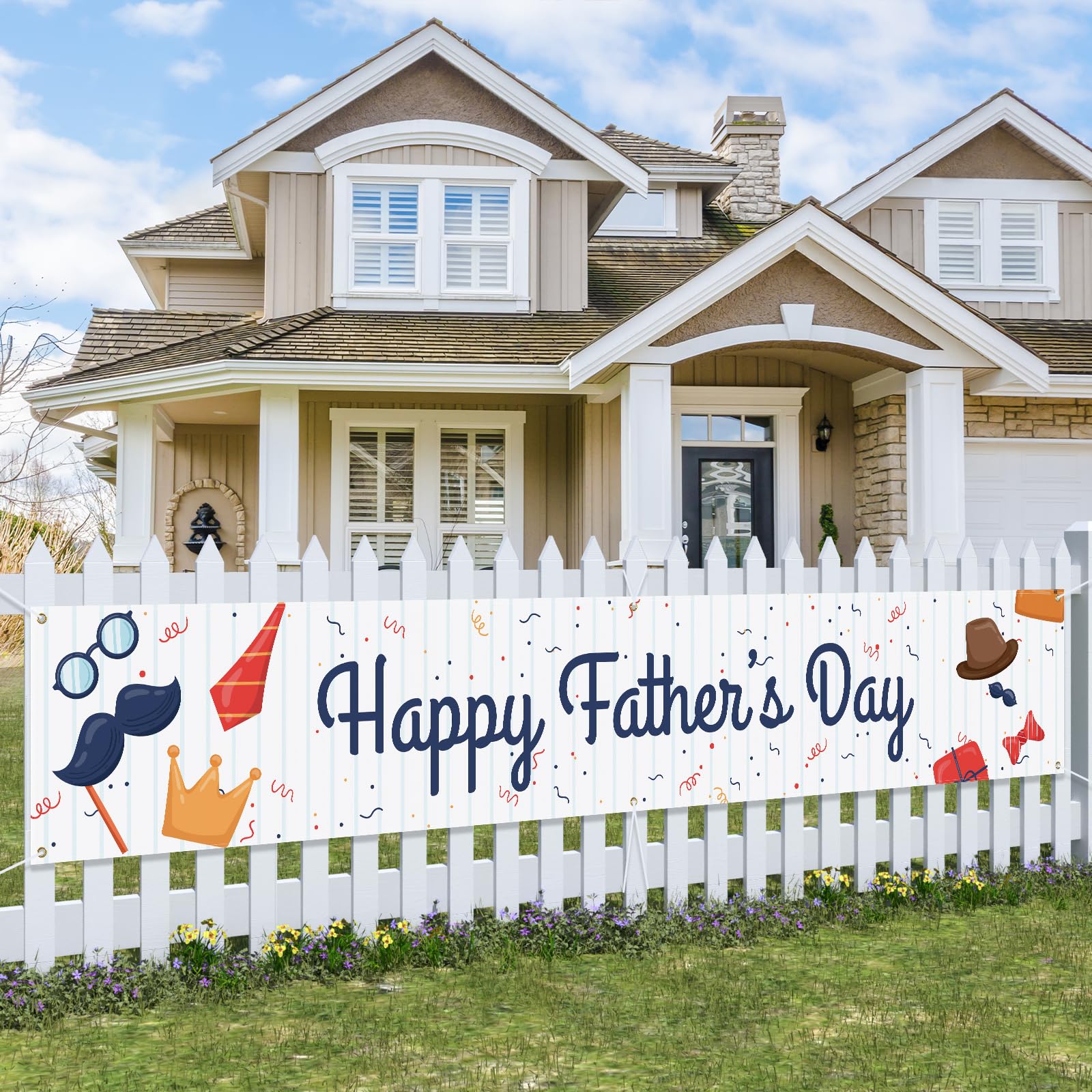 Probsin Fathers Day Banner 120"x20" Happy Father's Day Party Supplies Festive Hanging Backdrop White Necktie Bunting for Indoor Outdoor Fence Balcony Garden Home Garage House Room Celebration Family