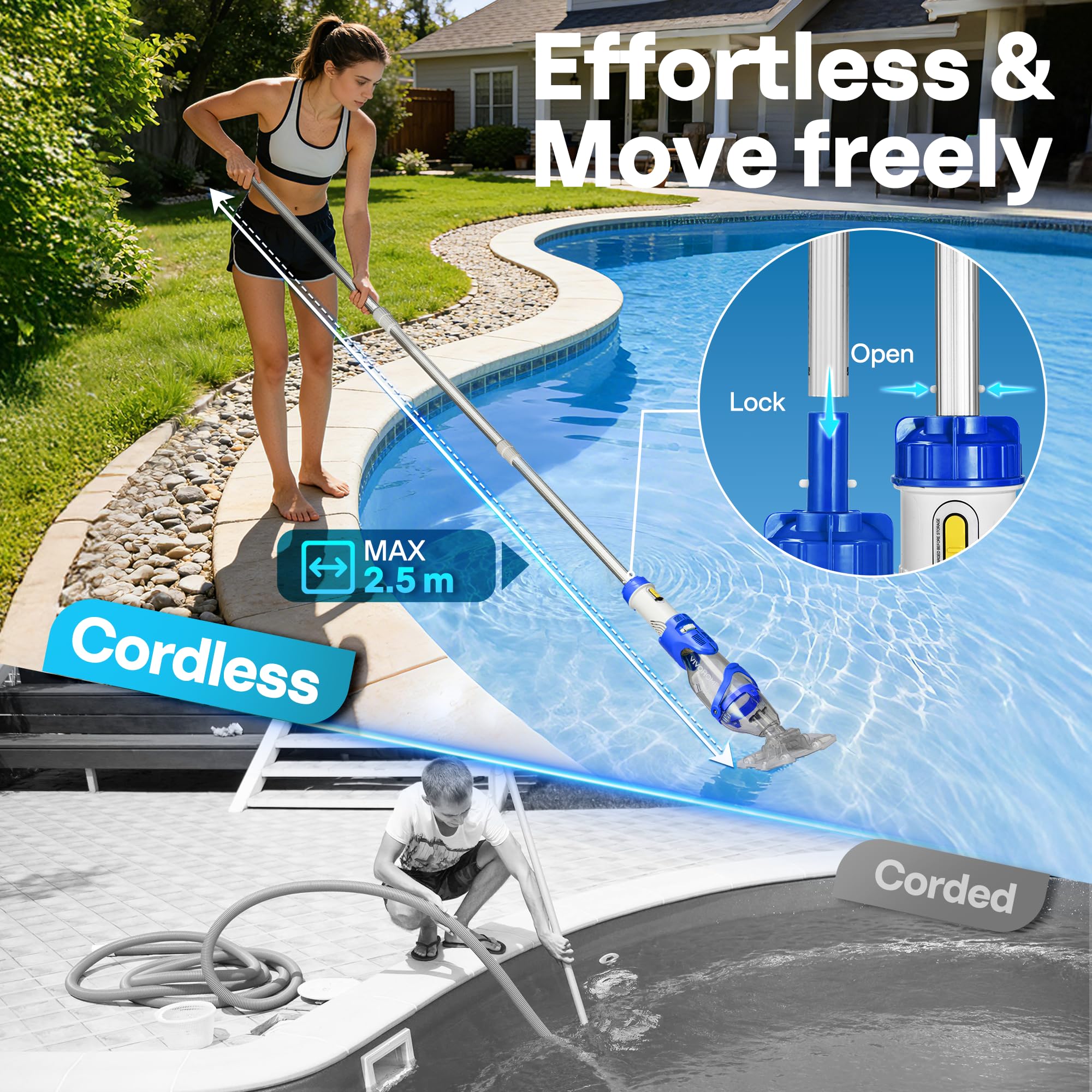 VIVOHOME 250cm Bezprzewodowy Odkurzacz Basenowy Ssanie do 72LPM Przenośny Oczyszczacz Basenu z 4 Workami Filtracyjnymi 2,6L do Basenu Hot Tubs i Spa