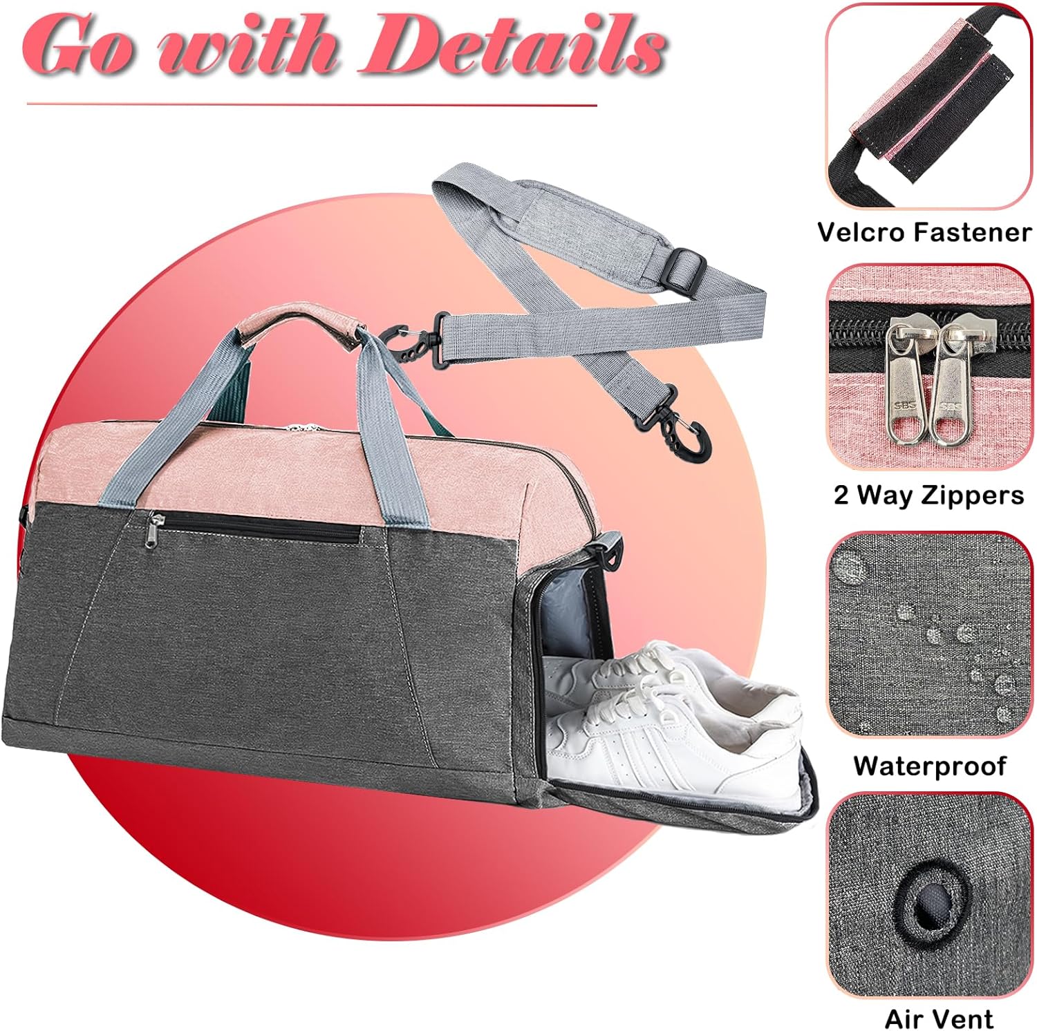 Gym Bags for Women Men with Wet & Shoe Compartment, 40L Foldable Travel Duffle Bag, Lightweight Weekender Overnight Duffel Bag for Traveling Sports Gym(Pink) - Image 3