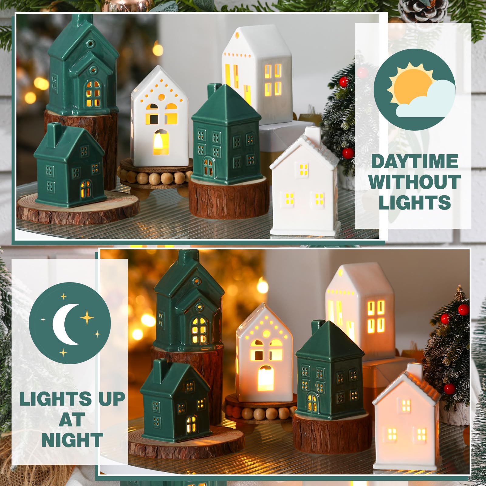 Vesici Weihnachtsdorf-Set, LED-beleuchtete Keramik-Dorfhäuser, Urlaub, Miniatur-Porzellan-Hausfiguren, Dekorationen für Zuhause, Tischplatte, Kaminregal, Dekoration (Grün und Weiß), 6 Stück