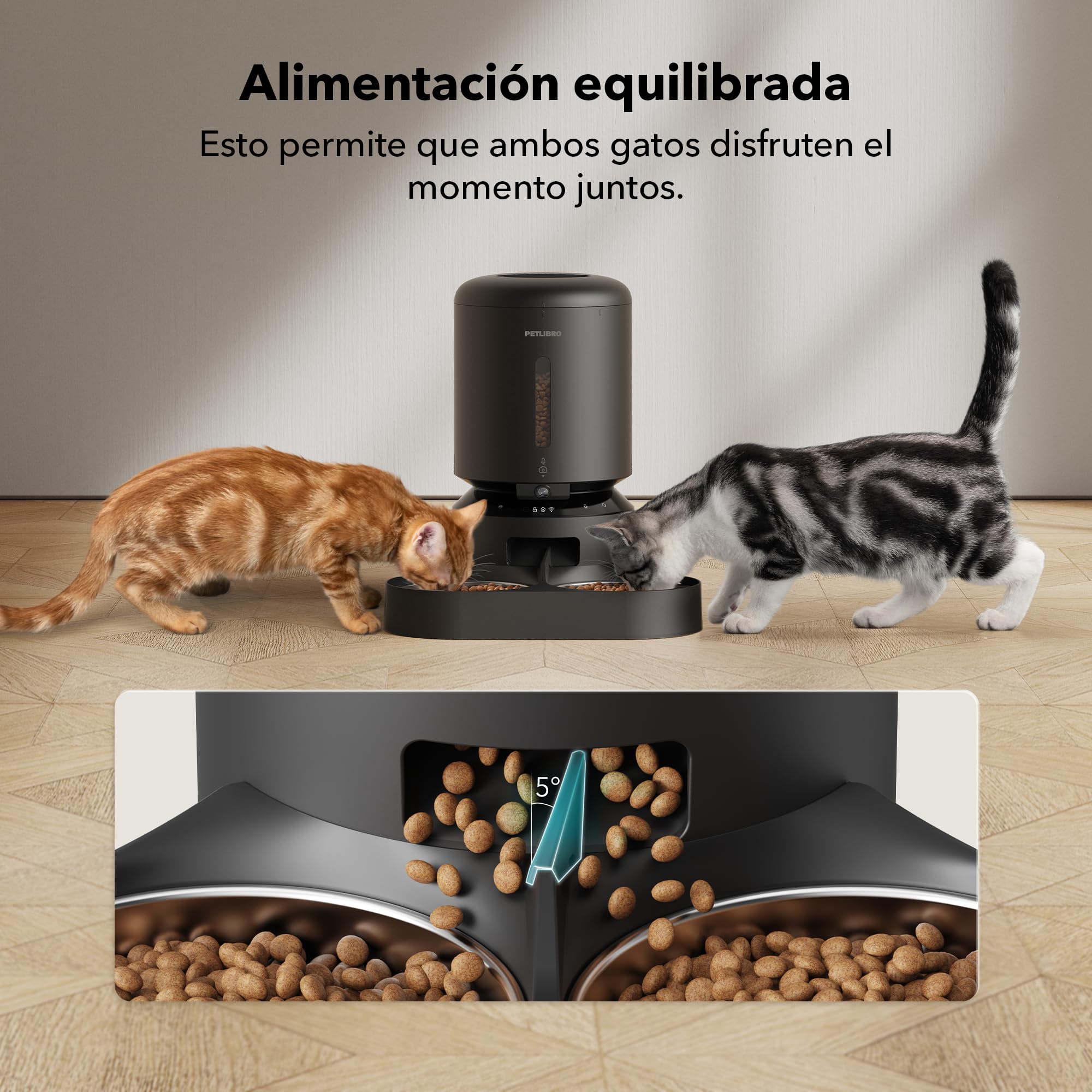 PETLIBRO 5G y 2.4G WiFi Comedero Gato Automatico con Cámara, 5L Doble Cuencos 1080P HD Dispensador Comida Gatos/Perros, App Control, Baterías y Cableado Eléctrico, Cuenco de Acero Inoxidable, Negro