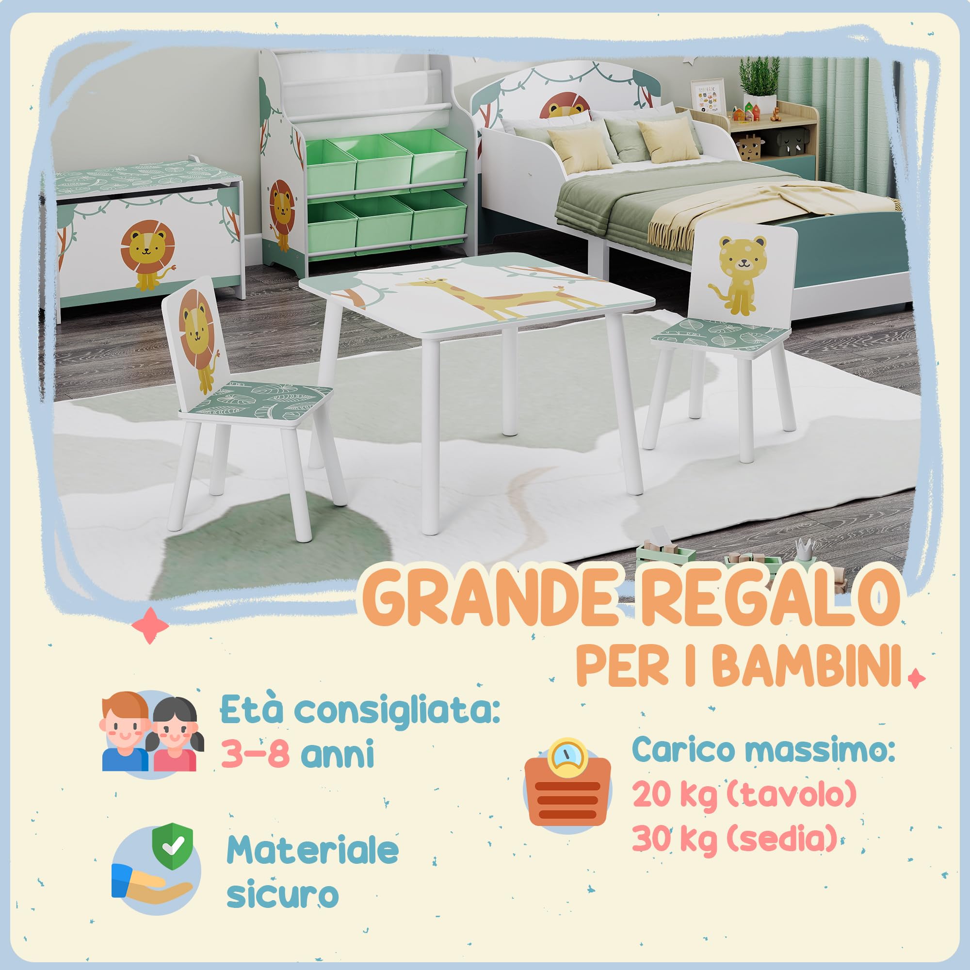 AIYAPLAY Set da 3 Pezzi con Tavolo per Bambini e 2 Sedie, Set di Arredo Cameretta e Salotto con Tavolino e Sedie per Bimbi da 3-8 Anni, Fantasia con Animali, Verde