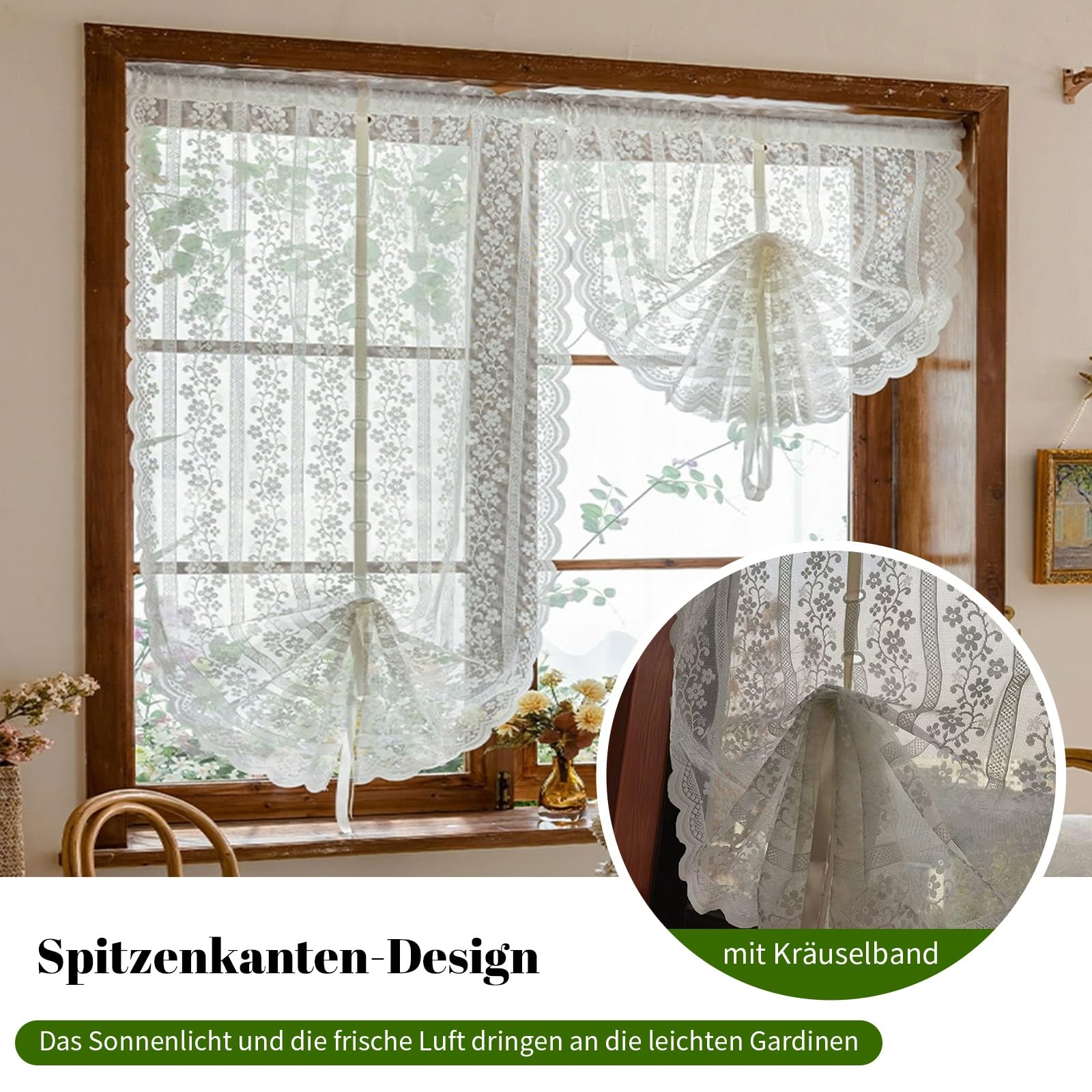 2er Gardine Scheibengardinen Voile Vorhang Gardine Transparente Spitze Blumenstickerei Kurzvorhang Kurzgardinen Küchengardine Küche Vorhang Fenster Kurz Stores Bistrogardine H150xB60cm, Weiß