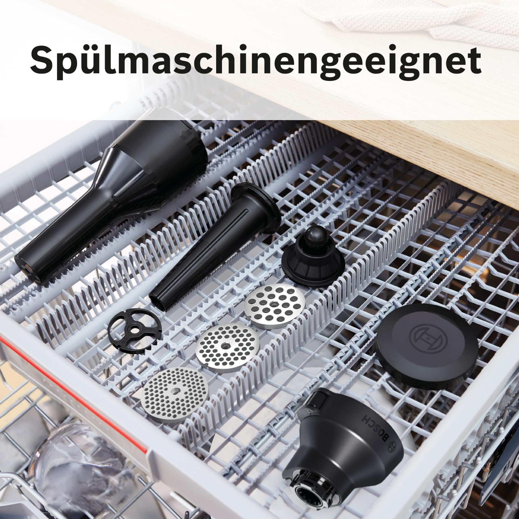 Bosch Zubehör-Set MUZS6HA, passend für Küchenmaschine Serie 6, Fleischwolf, Lochscheibe 8 mm, Lochscheibe 3 mm, Wurstfüller-Aufsatz, Kebbe-Aufsatz, Adapter