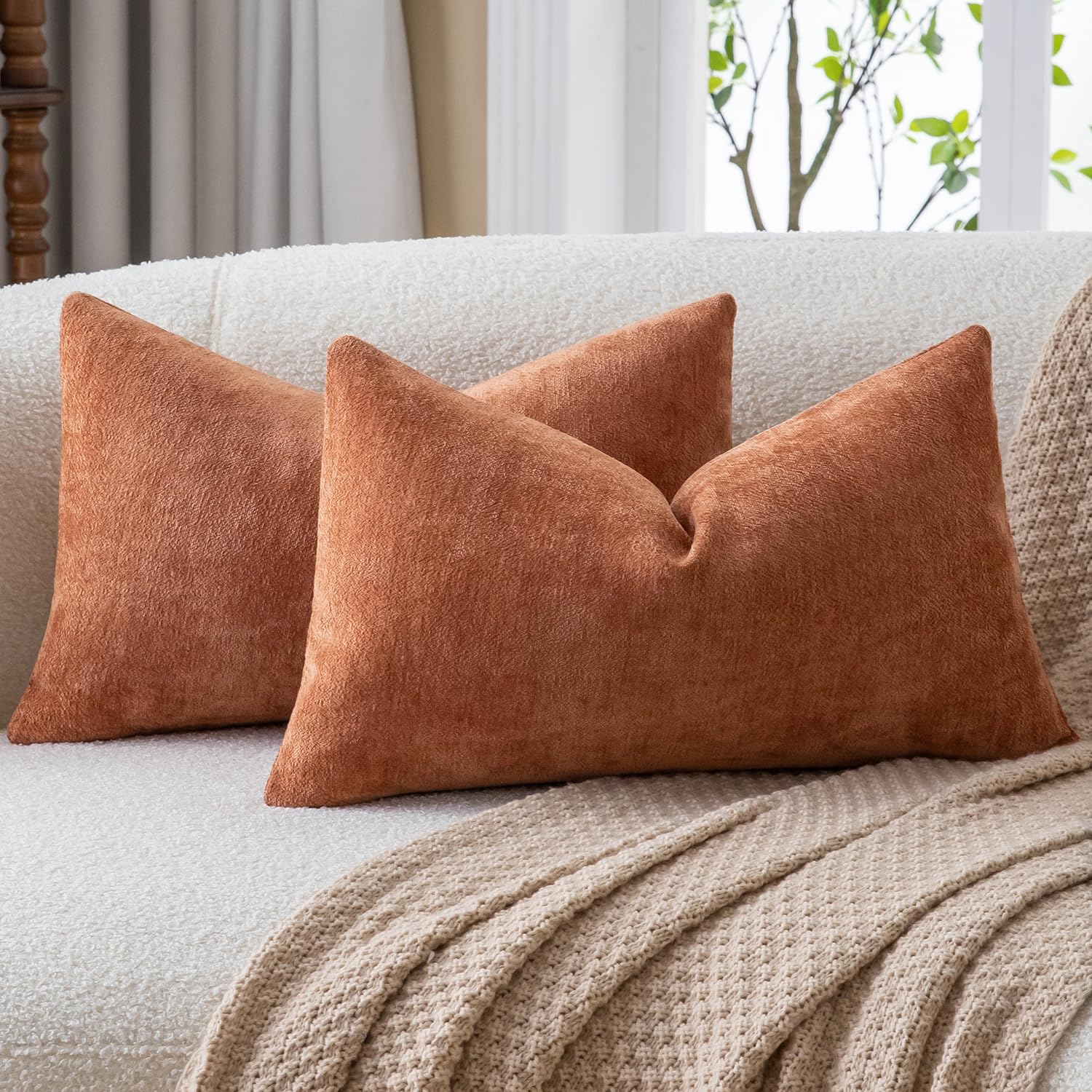 Mandioo Chenille Burnt Brick Cushion Covers 40x60cm 16x24 Inch Set of 2, Decorative Soft Thick Couch Pillow Covers Solid Accent Farmhouse Neutral Throw Pillow Cases for Sofa Bed Living Room
