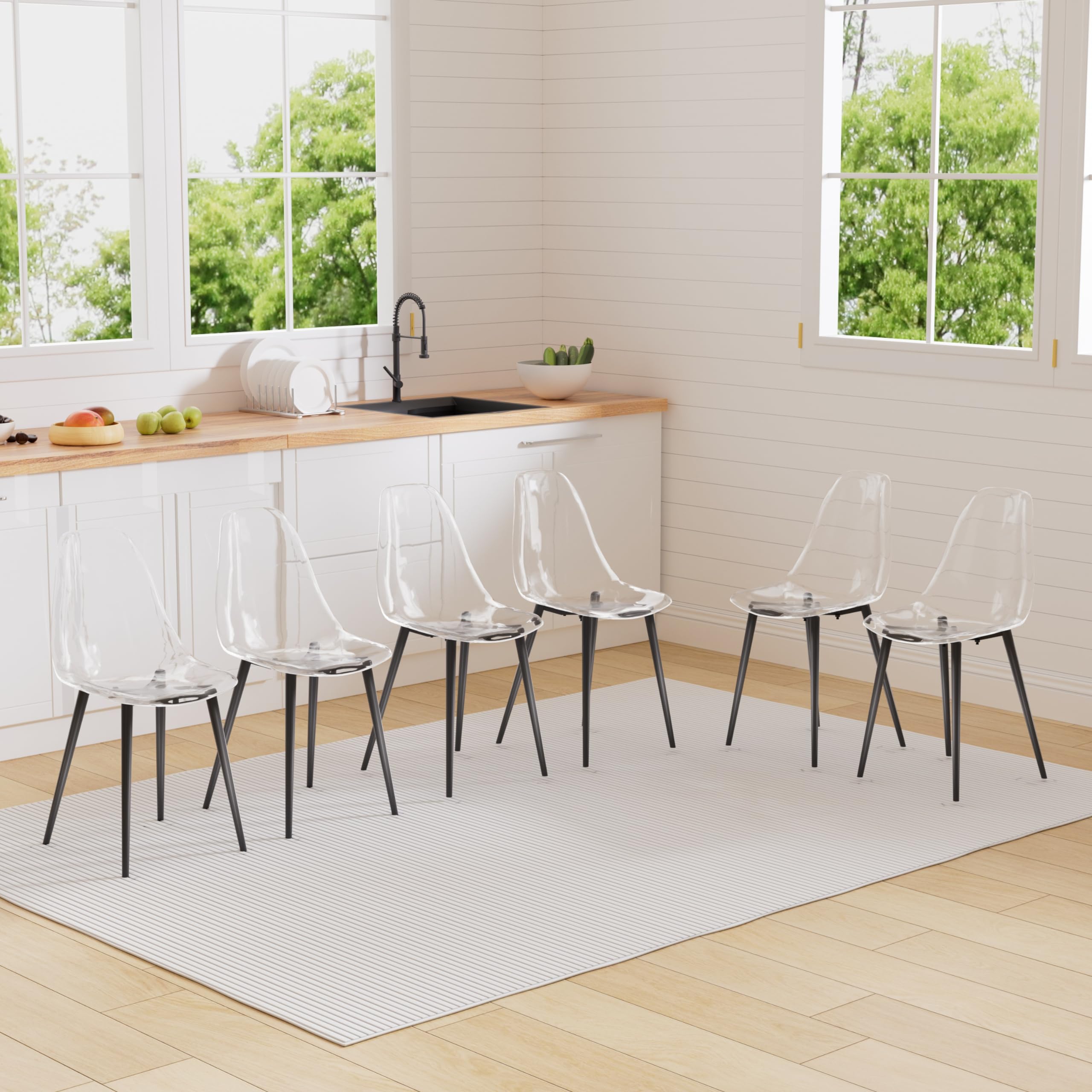 Baysitone Clear Dining Chairs Set of 6, Modern Kitchen Chairs with Transparent Seat, Acrylic Accent Side Chairs with Plating Metal Legs for Dining Room, Kitchen, Living Room with Black