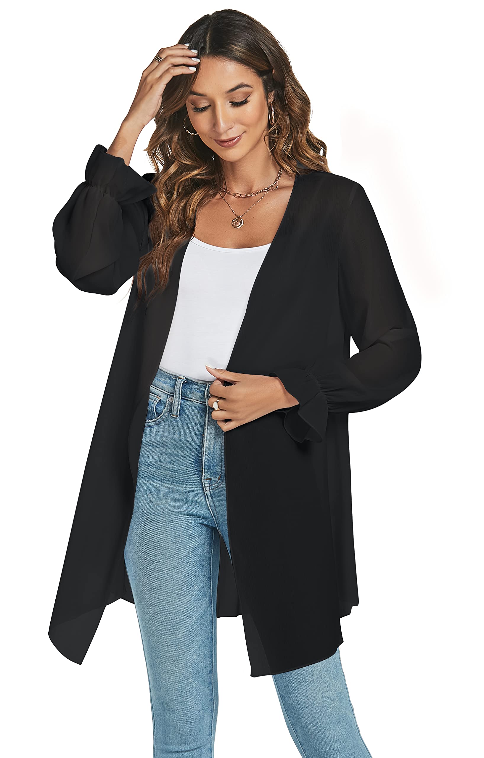 Gilet Long Léger Femme Cardigan Cache Maillots Plage à Manches Longues Ouverte Devant Élégant Veste Kimono