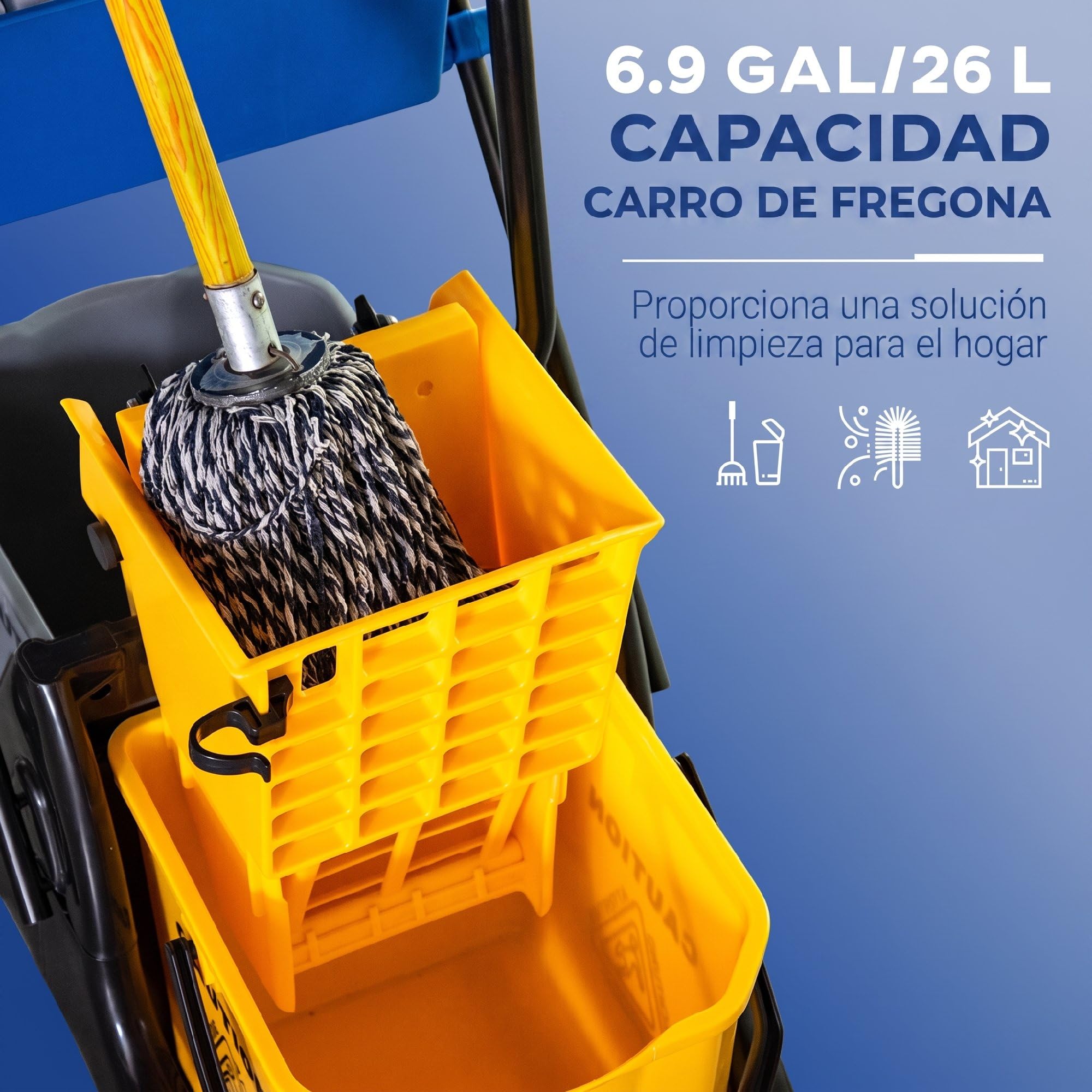 HOMCOM Cubo de Fregona con Ruedas, 26 L, Cubo de Fregar con Sistema de Escurridor de Presión Lateral, Asa de Transporte y Doble Cubetas Separadas para Doméstico y Comercial, Amarillo y Azul
