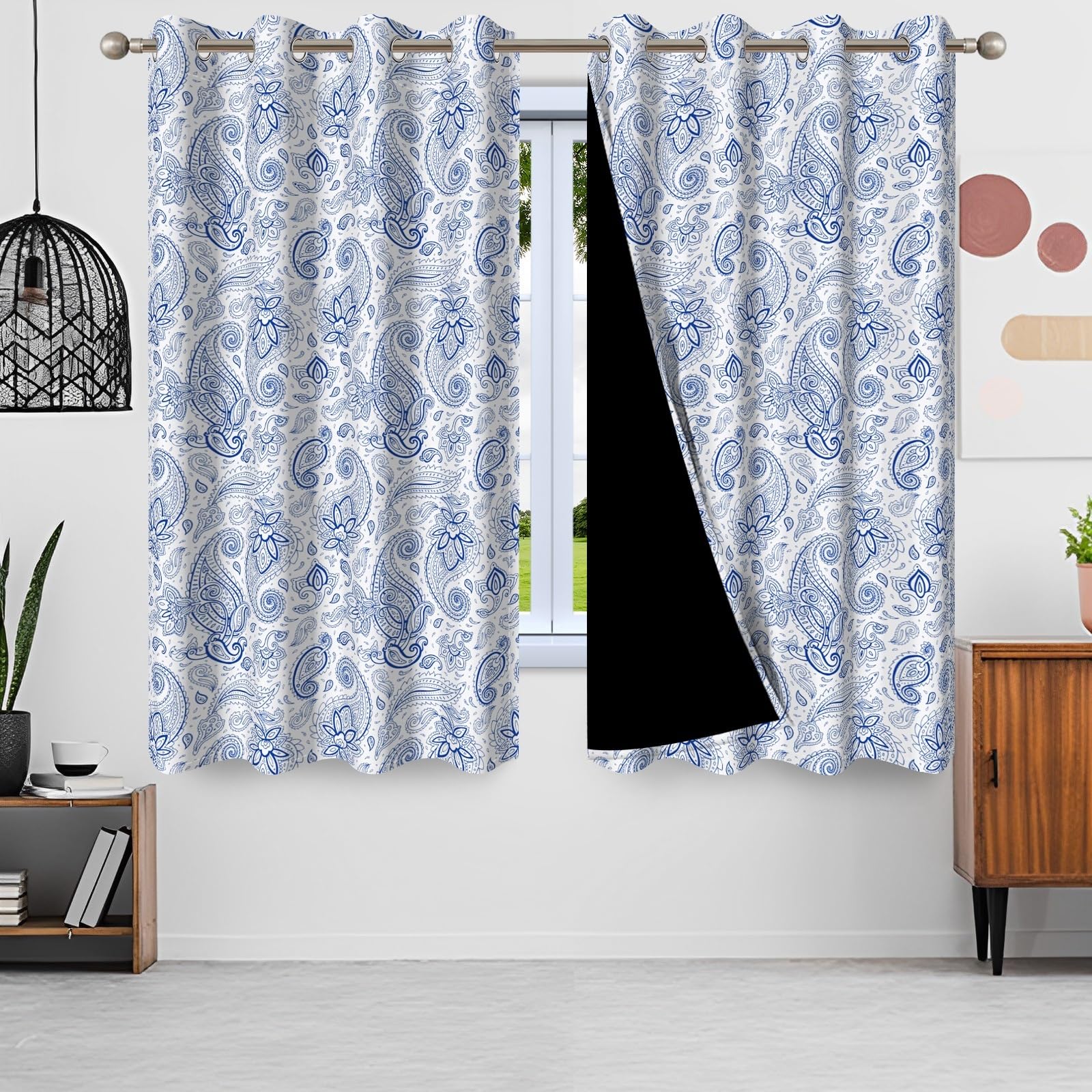 135x245cm Rideau à œillets Paisley Bleu Vintage Damassé Fleuri Feuilles Motifs Bohème Ferme Isolation Séparations de pièces Occultant Rideaux pour fenêtres Chambre Salon,2 Panneau