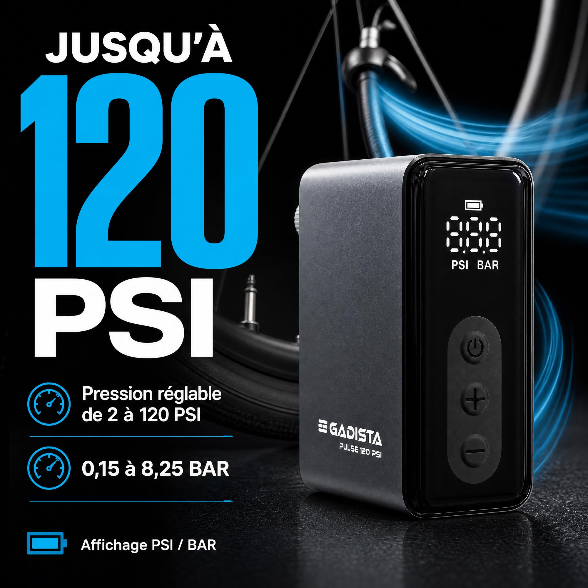 GADISTA Mini Pompe à Vélo Électrique 120 PSI - Gonfleur Électrique Portable sans Fil, Écran Numérique PSI/Bar, Arrêt Automatique, Valves Presta & Schrader + Ballons, USB-C, 143 g