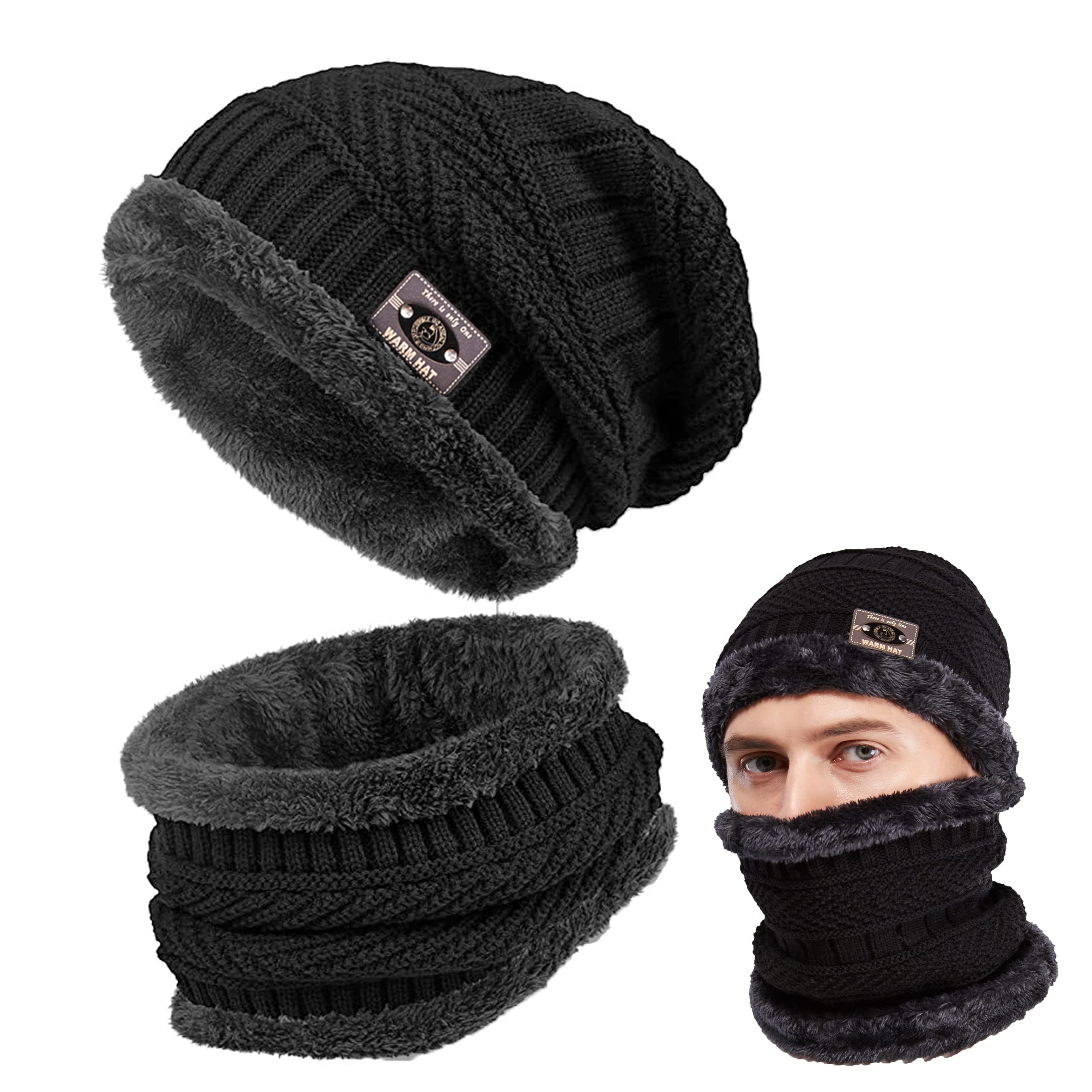 FCHITOP Cappello Uomo Invernale Berretto Uomo in Maglia con Sciarpa 2 Pezzi Cappello da Sci all'aperto e Set