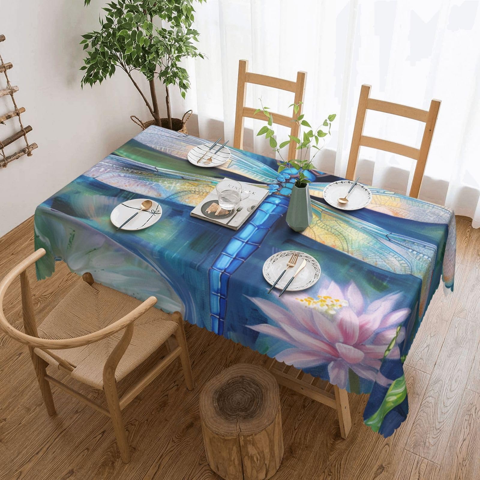 WPKJU Dragonfly Painting Printed Rectangle Tablecloth 72x54 Inch with Lace Trim, Water-Resistant Washable Table Cover for Farmhouse Weddings, Outdoor Picnics & Holiday Dining