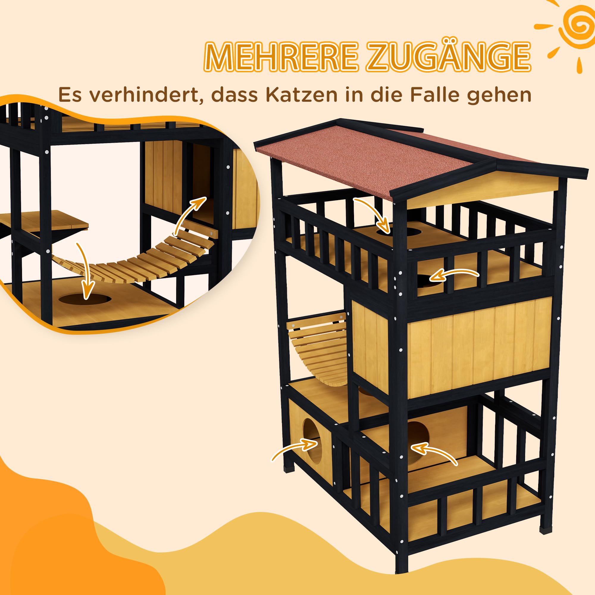 PawHut maison en bois pour chats Cave à chats avec plates-formes, pont suspendu, niche pour jusqu'à 2 chats, intérieur et extérieur, jaune
