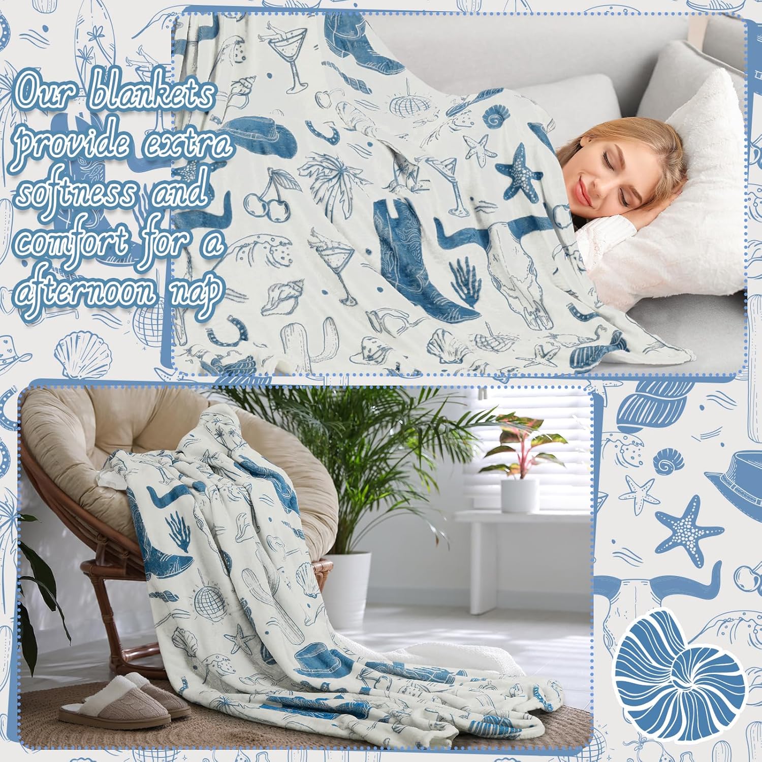 HunnmingRe Coastal Cowgirl Throw Blanket 60 x 80 Inches Blue Velvet Soft Plush Preppy Blanket with Cowboy Hat Boots Horseshoe Seashell for Boho Gifts Couch Bed Sofa Chair Birthday Decore