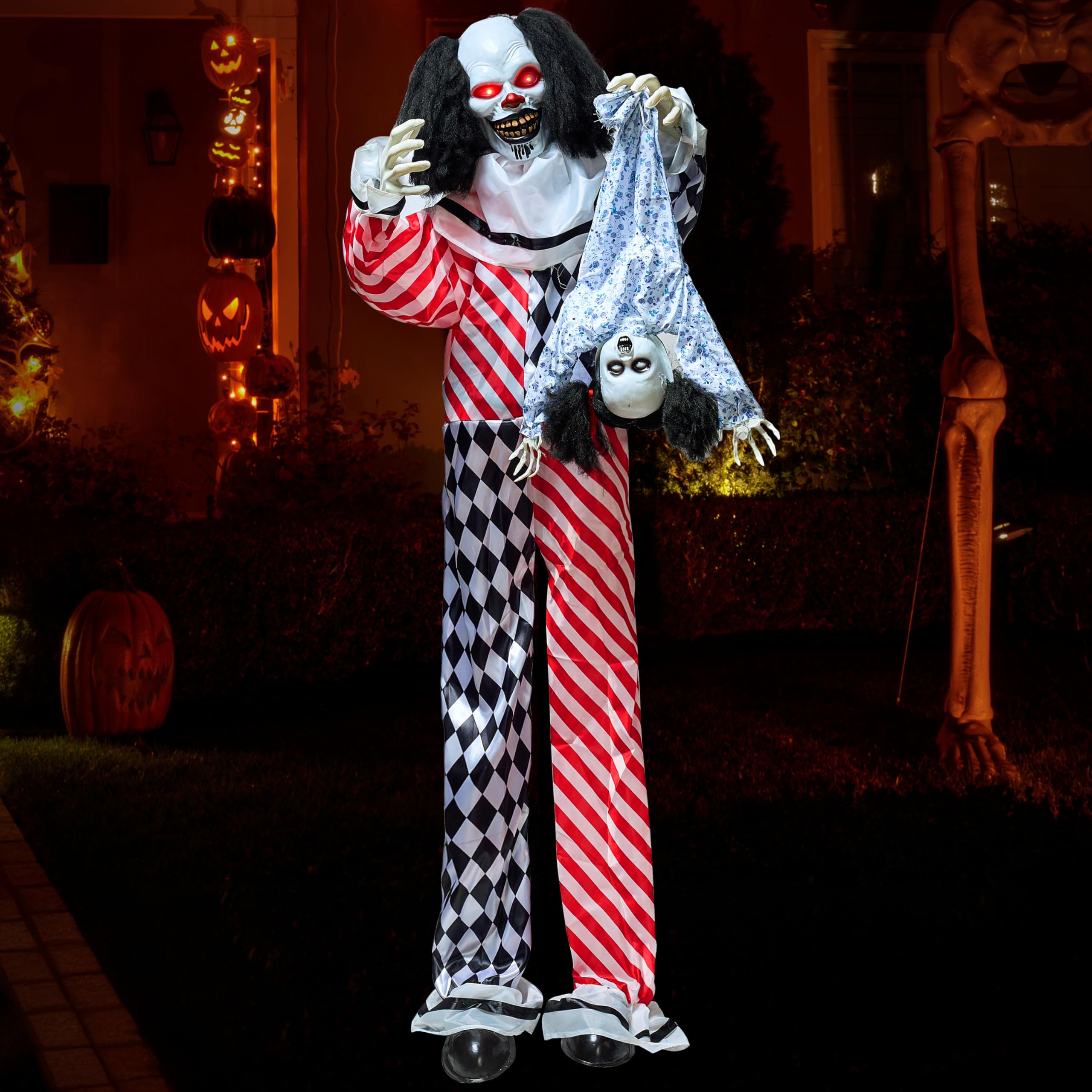 JOYIN Halloween-Clown mit Puppe, Animatronik-Dekoration, lebensgroßer gruseliger Clown mit Bewegung, Licht und Ton (Ton/Bewegungssensor),163cm große animierte Dekoration für Spukhäuser im Freien