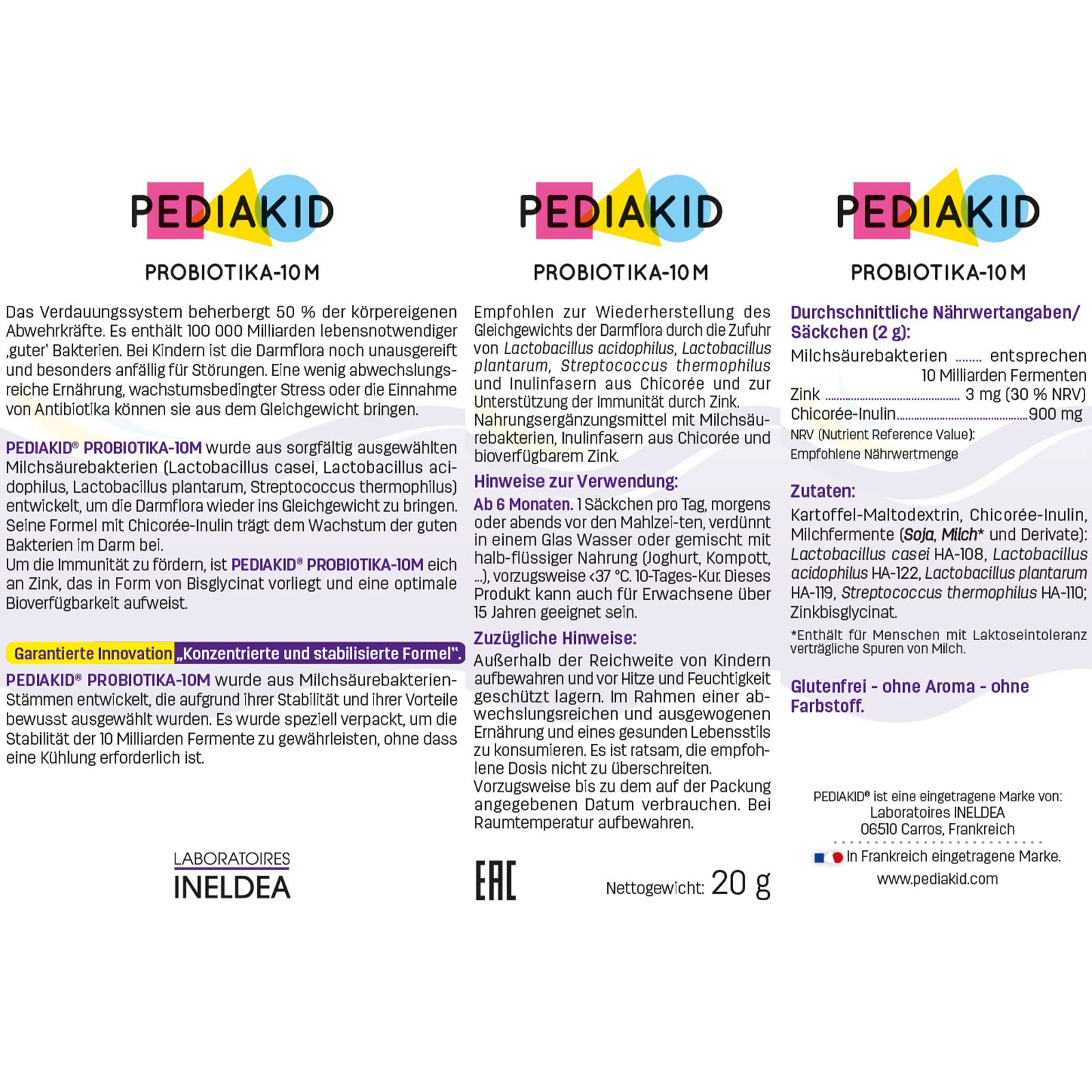 PEDIAKID - PROBIOTIKA-10M - Nahrungsergänzungsmittel mit Milchsäurebakterien, Inulinfasern aus Chicorée und bioverfügbarem Zink. - Bringt die Darmflora ins Gleichgewicht – Ab 6 Monaten - 3X10 Säckchen