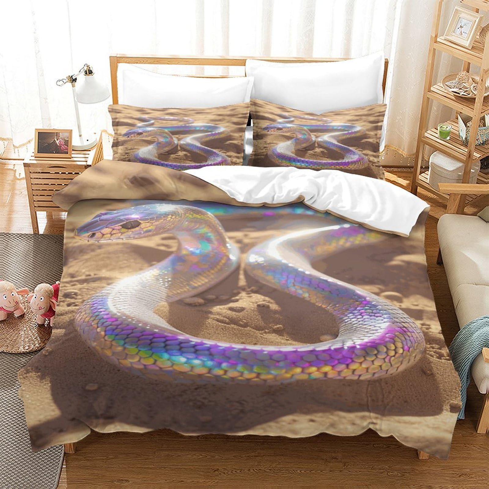 P1S9U7W5Y 3D Printed Iridescent Snake Duvet Cover Set 3pcs Microfiber Snake Bedding Set Bedroom Decor King（220x240cm）