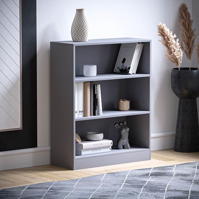 Vida Designs Cambridge 3 Tier Low Bookcase, Grey Wooden Shelving Display Storage Unit Office Living Room Furniture
