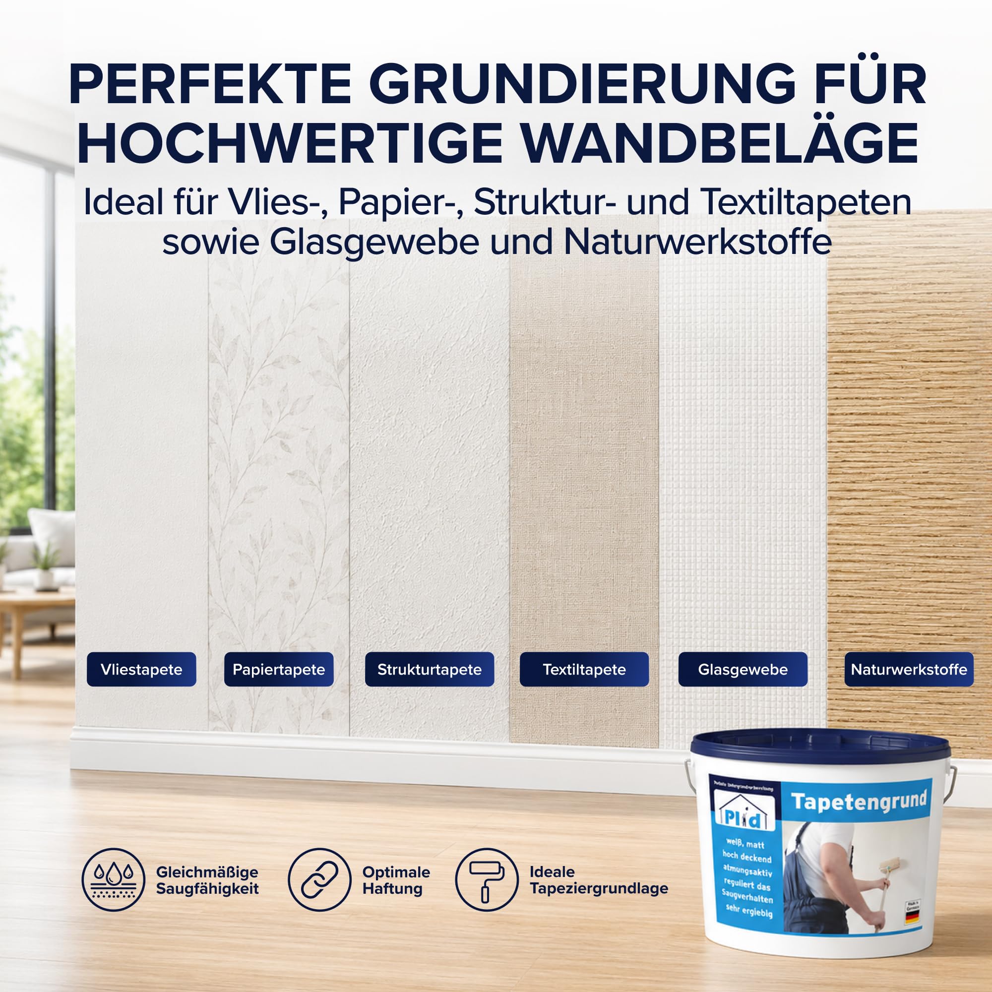 plid® Fondo per Carta da Parati Bianco Opaco [5L] - Preparazione ideale del supporto prima della tappezzeria - Primer adesivo e fissativo per pareti e carta da parati - Made in Germany