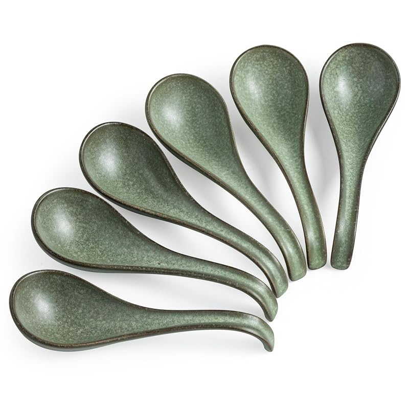 Asian Soup Spoon, Chinese Soup Spoons, Ramen Spoons, Japanese Ceramic Soup Spoon Set of 6,Thanksgiving Christmas Kitchen With Long Handle for Serving, Ramen, Pho, Noodles, Green