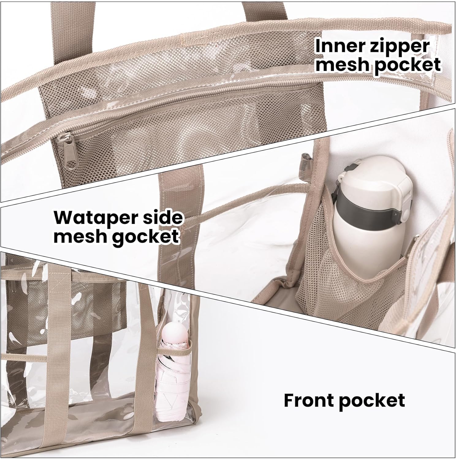 Large Clear Bag Tote for Work Concerts Stadium approved Heavy duty Transparent See Through Purse with mesh pockets - Image 6