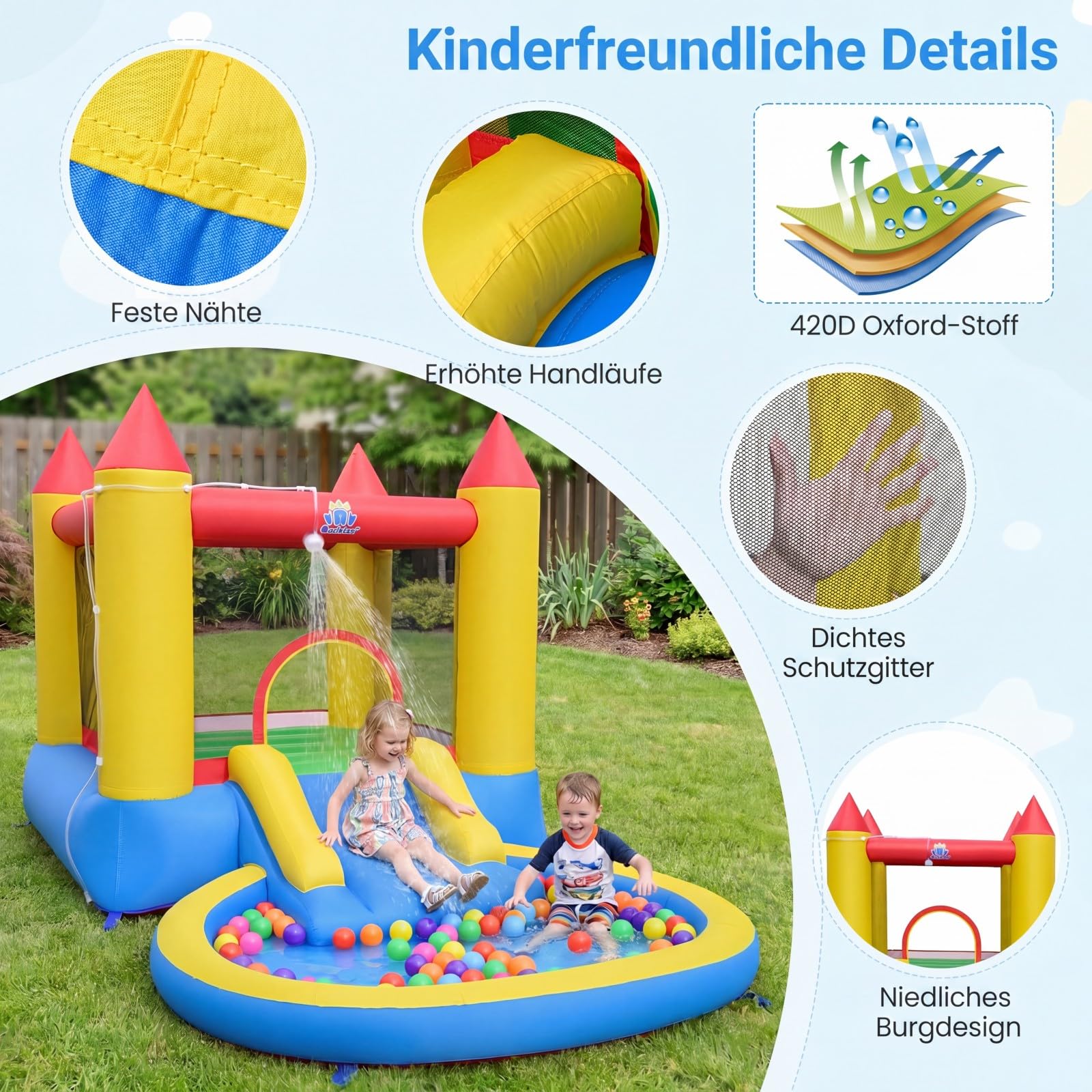 COSTWAY Hüpfburg mit Rutsche, Sprungbereich & Planschbecken, Bouncy Castle für Kinder, Innen- und Außenbereich, 362 x 196,5 x 193 cm