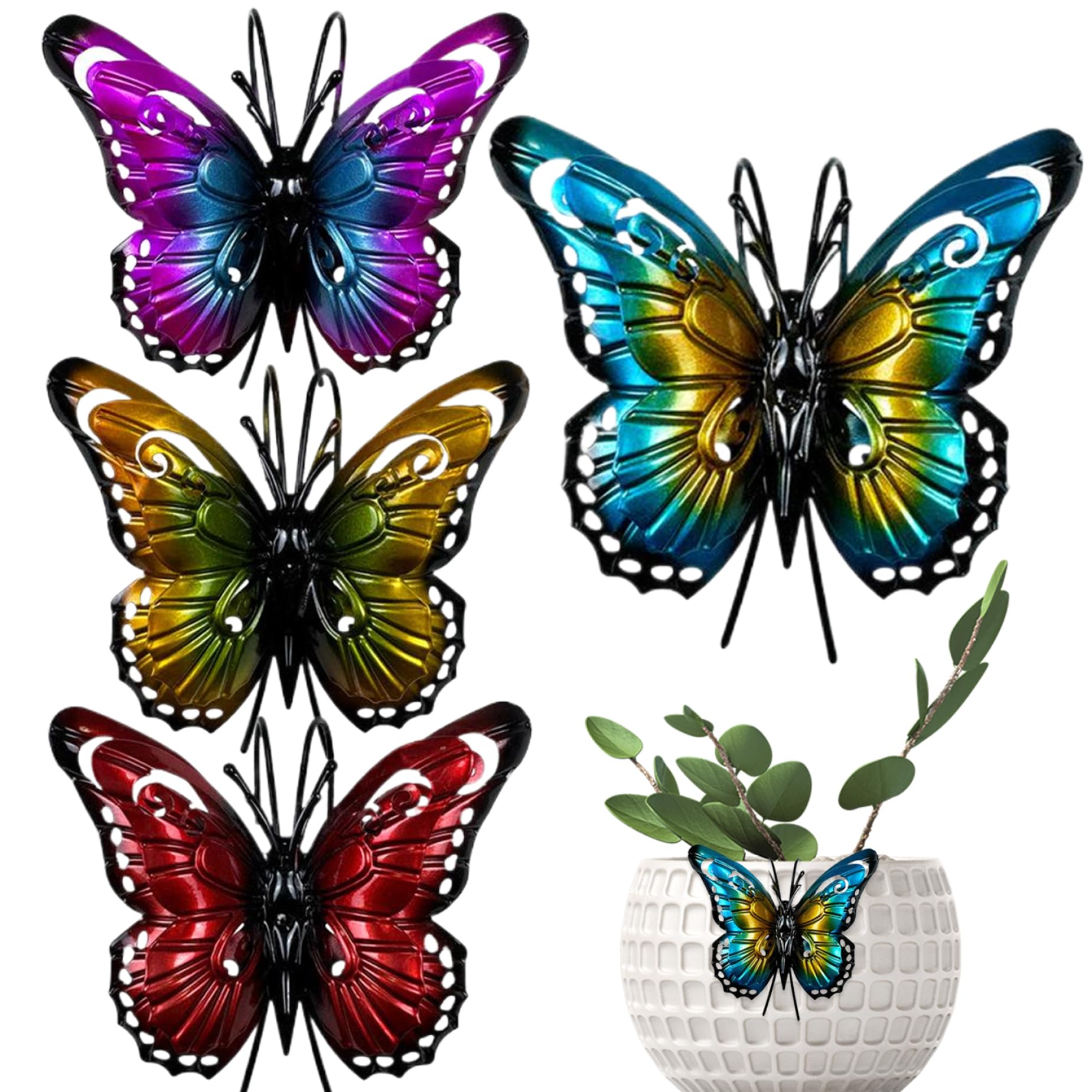 AwnsIMfreien Flower Pot Hugger, 4PCS Colorful Butterfly Pot Huggers for Planter, Hanging Flower Decorations for Outdoor Garden Yard Fence Balcony Decor, Decorations