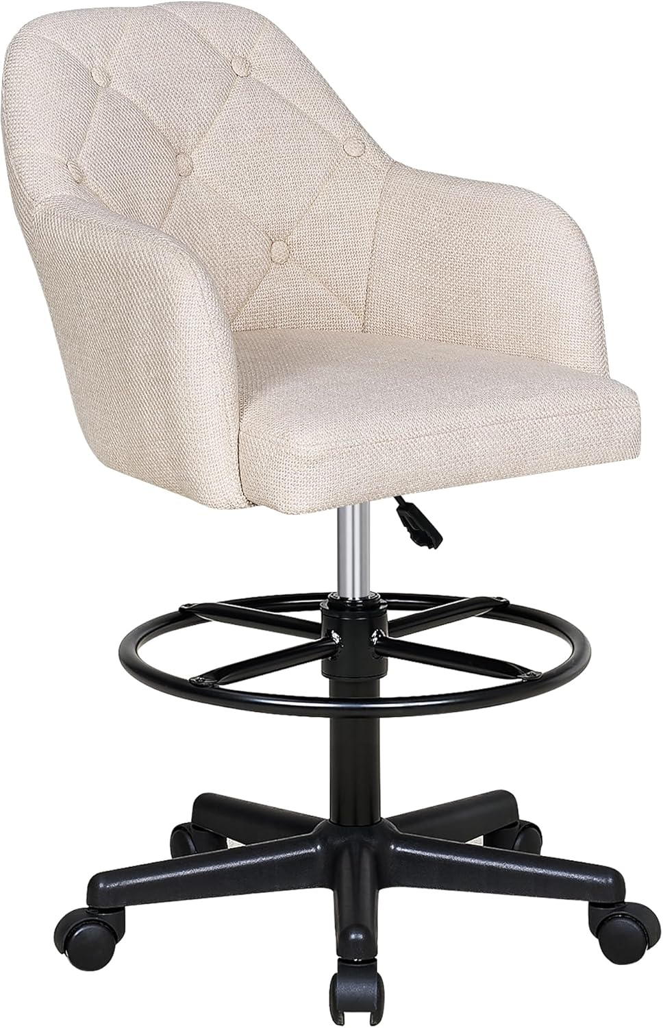 VECELO Drafting Chair with Low Back and Footrest Ring, Height Adjustable, Swivel Rolling Wheels, for Drawing/Standing Desk/Office, Linen Fabric, Beige