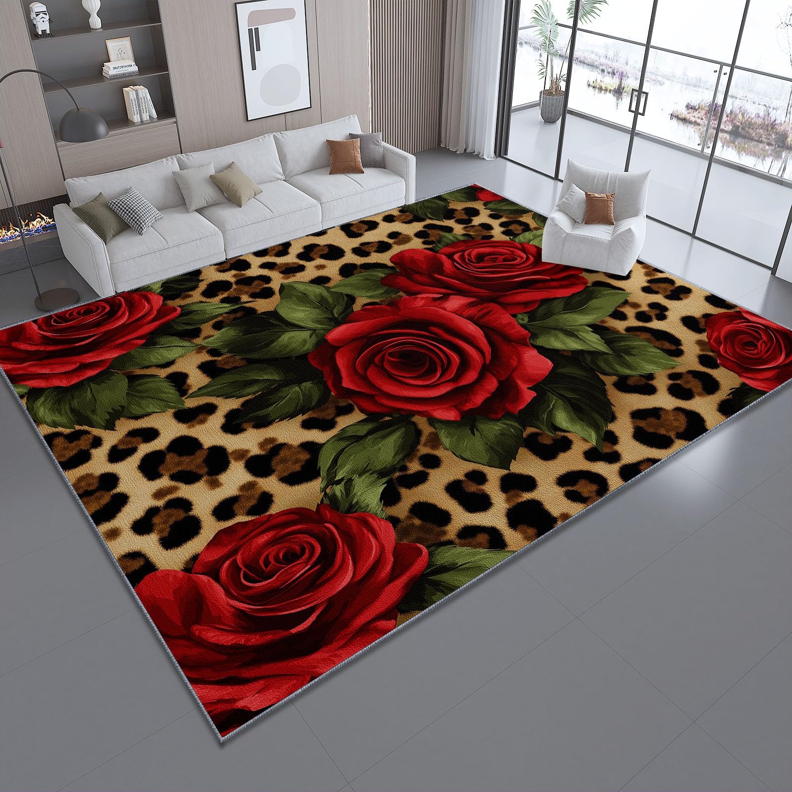 Area Rug 50 x 80 cm, Luxury Roses Leopard Print Rugs Faux Wool Indoor Rug Non-Slip Washable Low-Pile Carpet for Entrance Living Room Bedroom Dining Table,Red