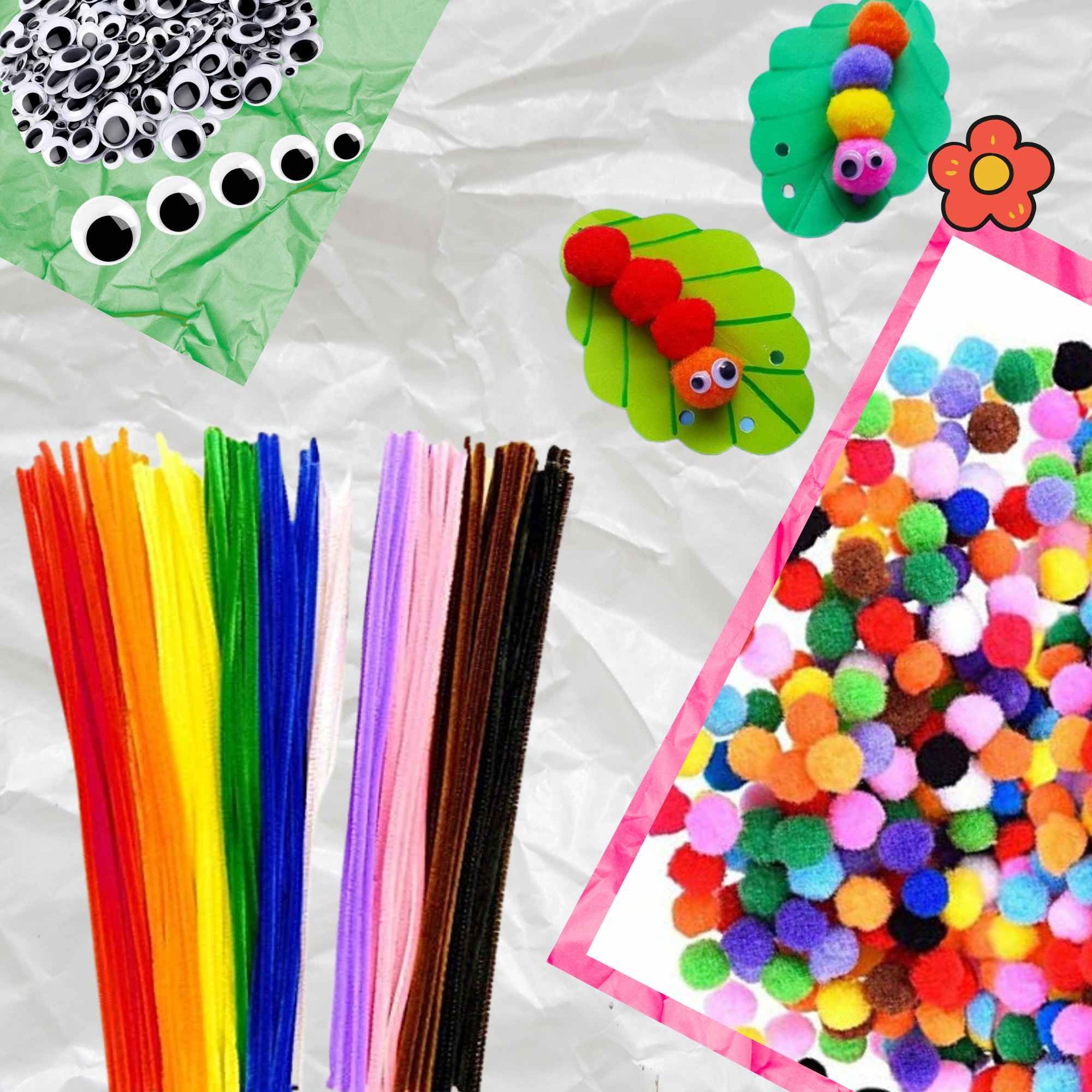 FREYJA Art & Craft Kit | 50 Pipe Cleaners + 50 Pom Poms + 50 Googly Eyes | Multipurpose DIY Craft Kit for Kids