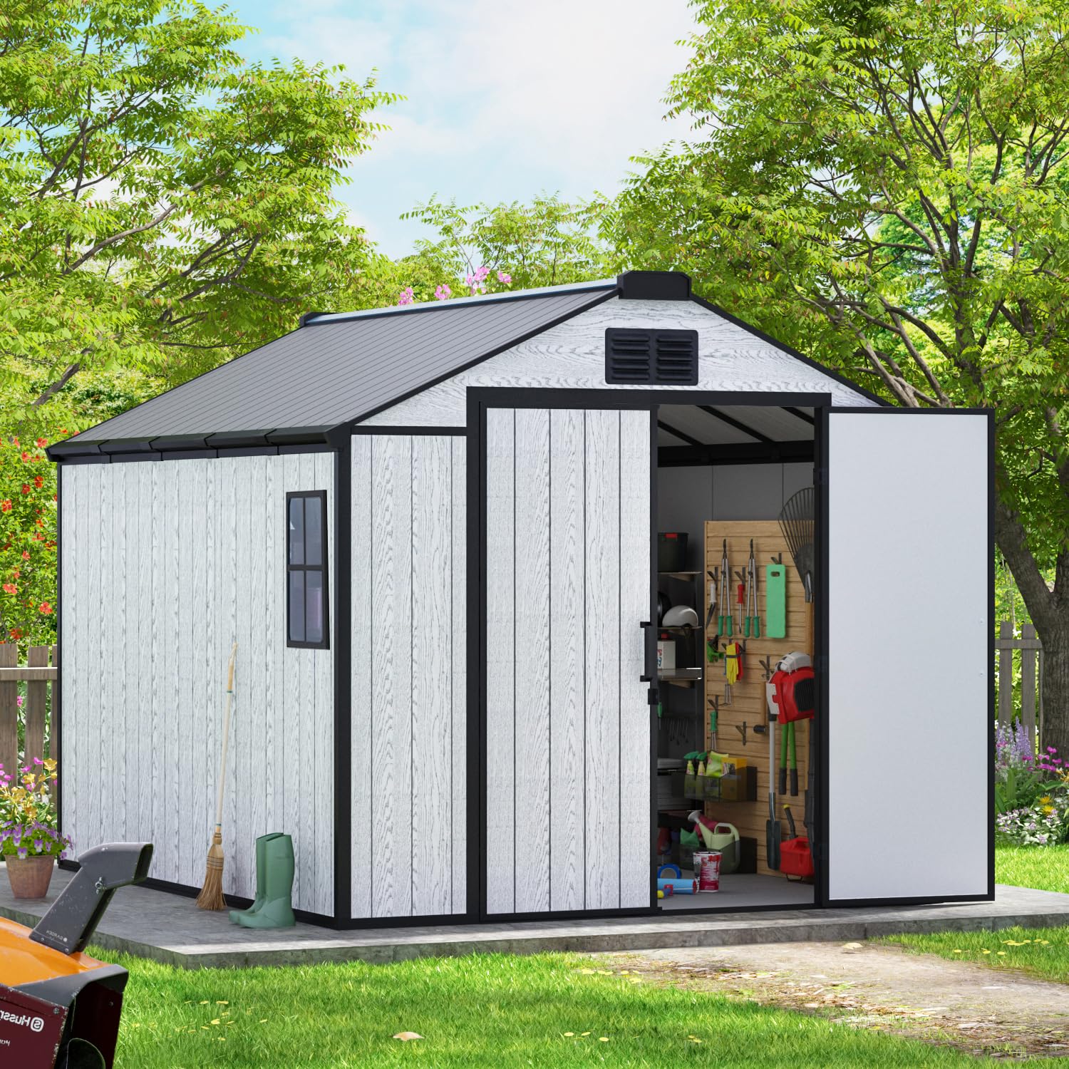 MELLCOM 8 x 10 FT Resin Outdoor Storage Shed with Floor, Outdoor Storage Tool Shed with Windows and Lockable Door, Resin Garden Shed for Lawnmower, Bike, Pool Supply - 1