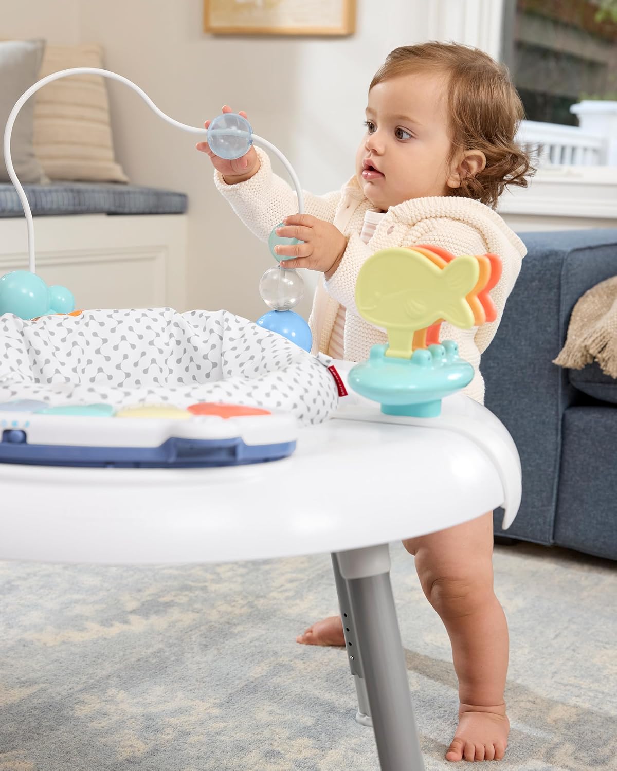 Skip Hop 2-in-1 Baby Activity Center with 20+ Developmental Activities Light-up Musical Piano for Tummy Time Play 4 Clip-on & Moveable Toys and 360-degree Rotating Seat Seascape Age 4m+