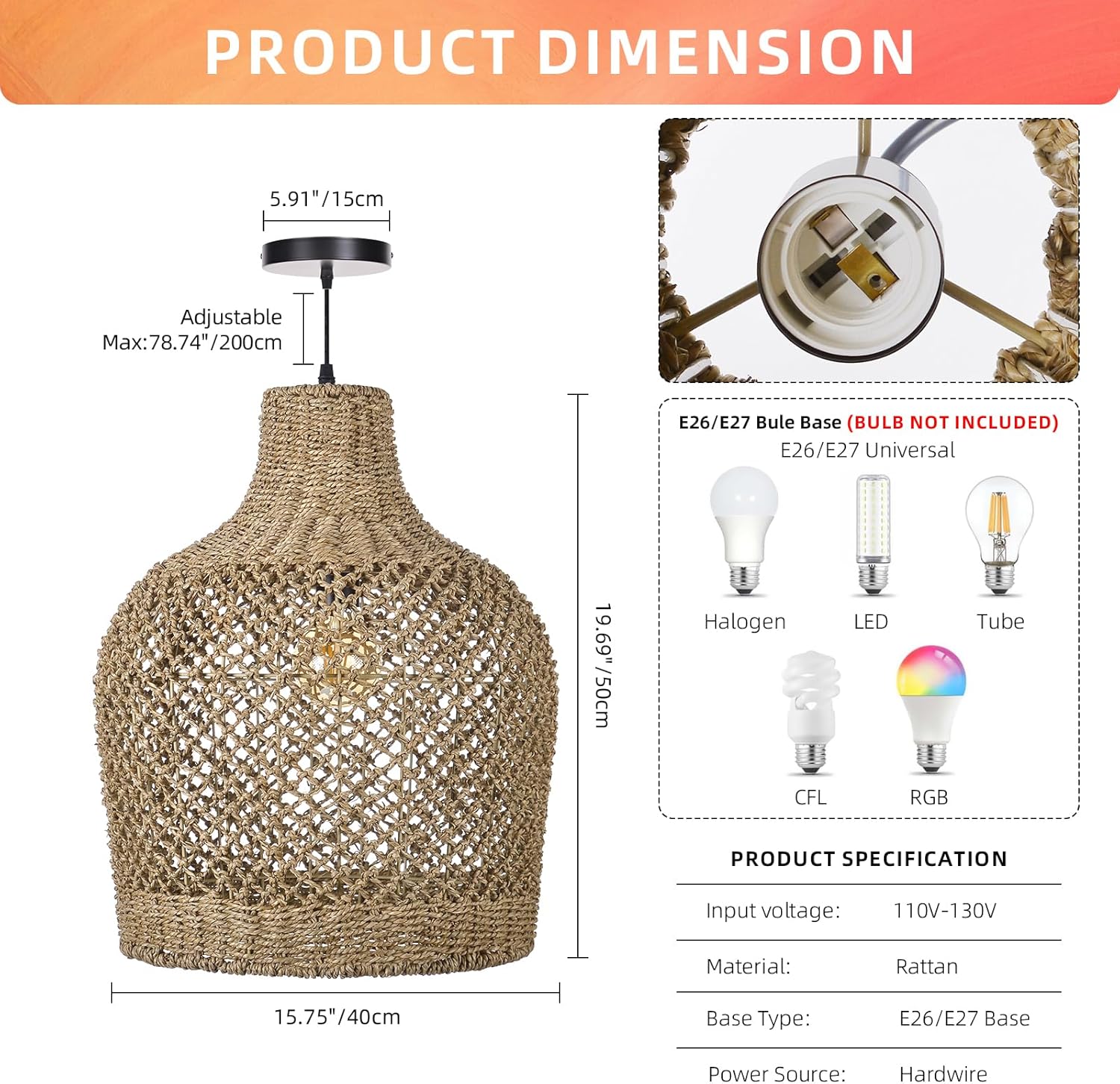 Arturesthome 1 Light Rattan Pendant Light Rattan Chandelier Handwoven Boho Coastal Pendant Lampshade Wicker Basket Ceiling Light Hanging Light for Dining Living Room D 15.7″* 19.6″