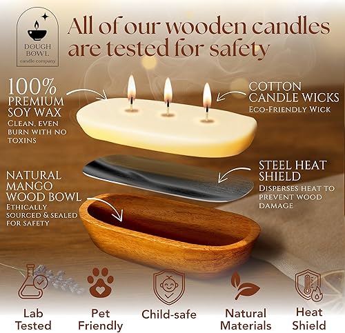 Vista 4 de Dough Bowl Candle Co. Christmas Tree Soy Candle - 3 Wick Rustic Farmhouse Decor Odor Eliminator in Ornamental Wooden Bowls, 20 Ounce All-Natural