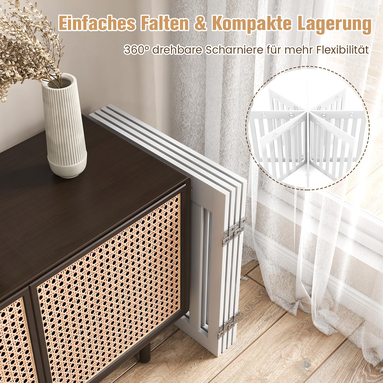 RELAX4LIFE Schutzgitter faltbar, Absperrgitter 3/4 Teile, Hundegitter Hundespur-Design, für Kinder Hunde Tiere, Sicherheitsgitter 360° drehbar, Gitter für Treppe Balkon Kamin Tür (4 Teilig, Weiß)