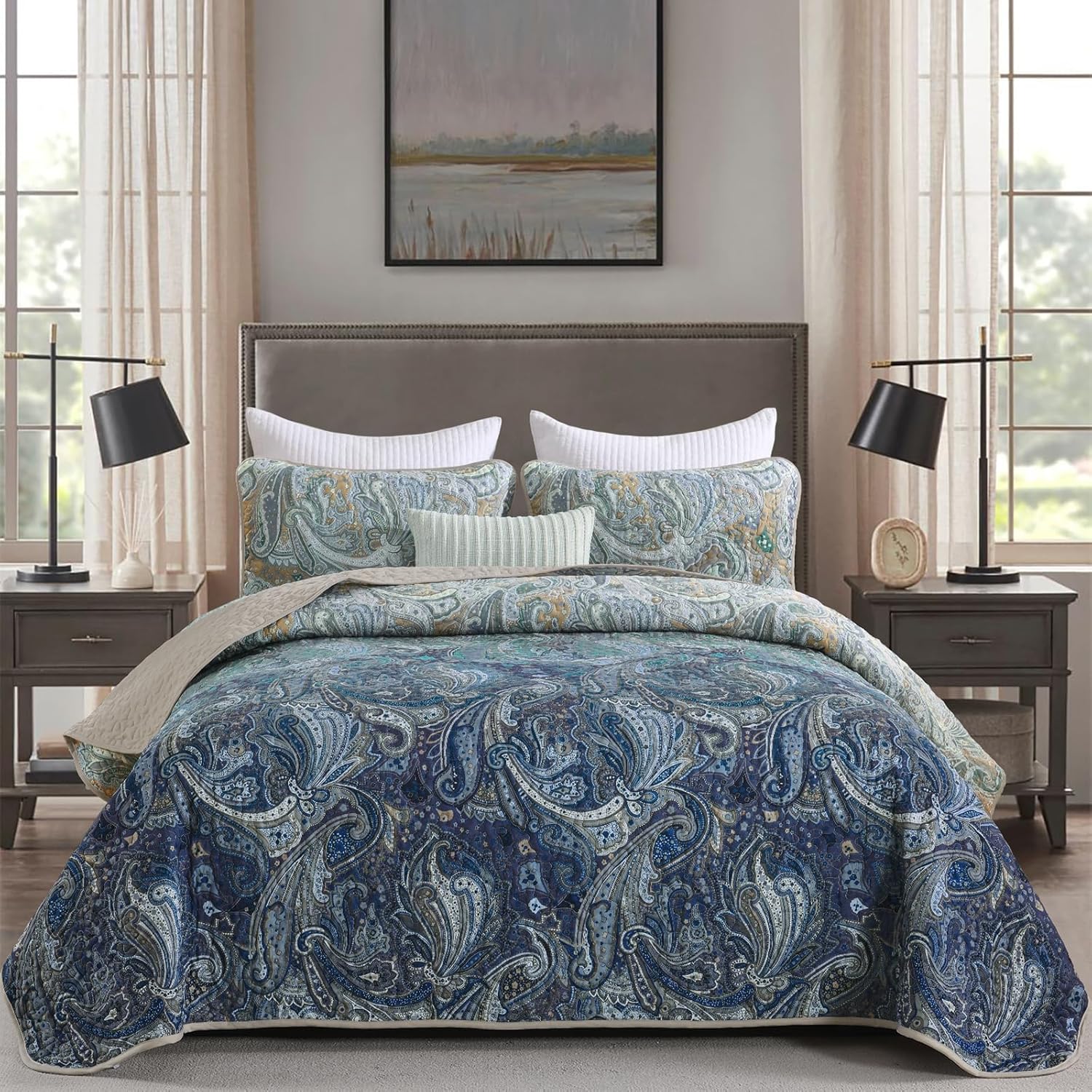 DJY Paisley Quilt Set Queen Size, Boho Bedspread Coverlet Set 3 Pieces, Khaki Blue Ombre Paisley Floral Pattern Quilted Bedding Set, Soft Microfiber Bedspread with for All Season, 96''x90''
