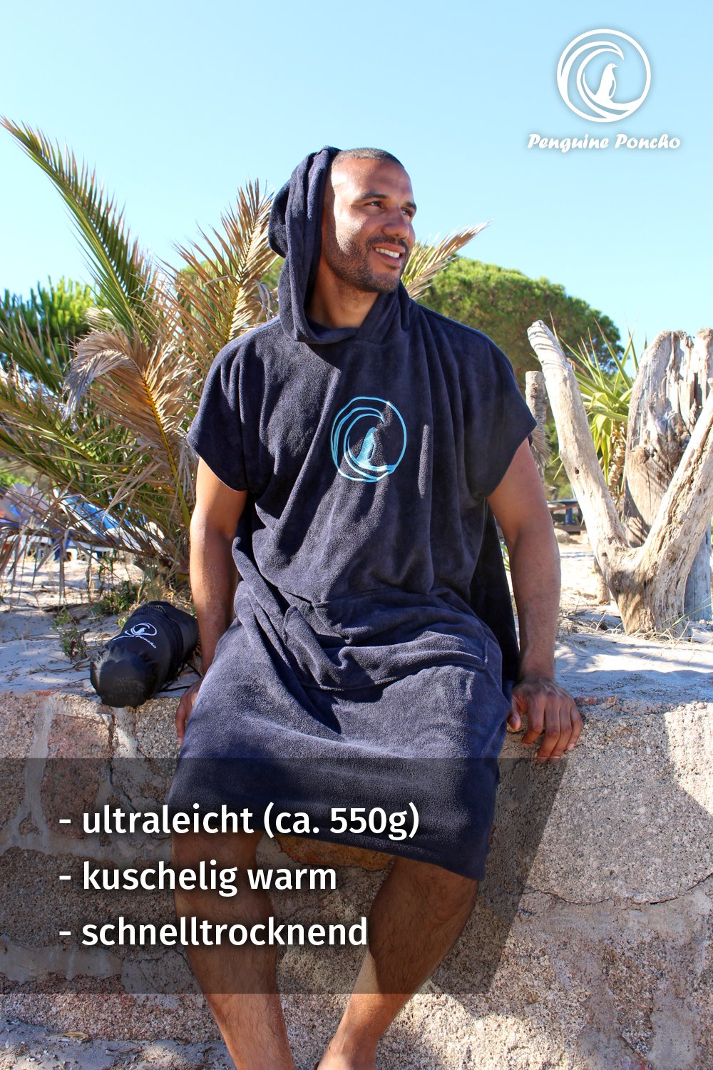 Poncho surfero con capucha, riñonera y bolsa de transporte; sirve como toalla, ayuda para cambiar de ropa y albornoz; talla única para hombre y mujer