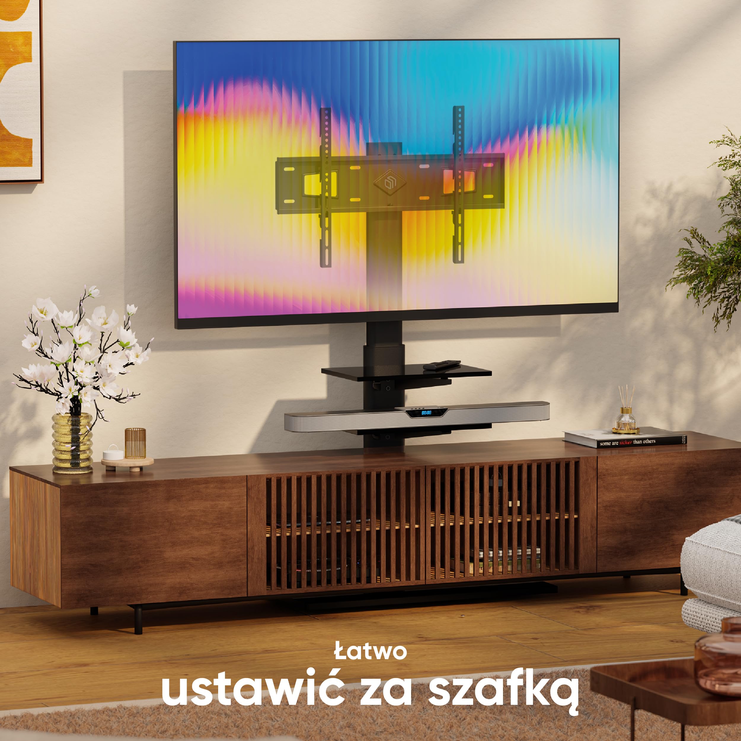 ONKRON Stojak pod TV 32-65 cali, 30 kg, max VESA 600x400, TS5550-B | Uchwyt stojący na telewizor czarny, -25°/+25° obrotow, regulacja wysokości, półki ze szkła hartowanego, kable; do biura, domu