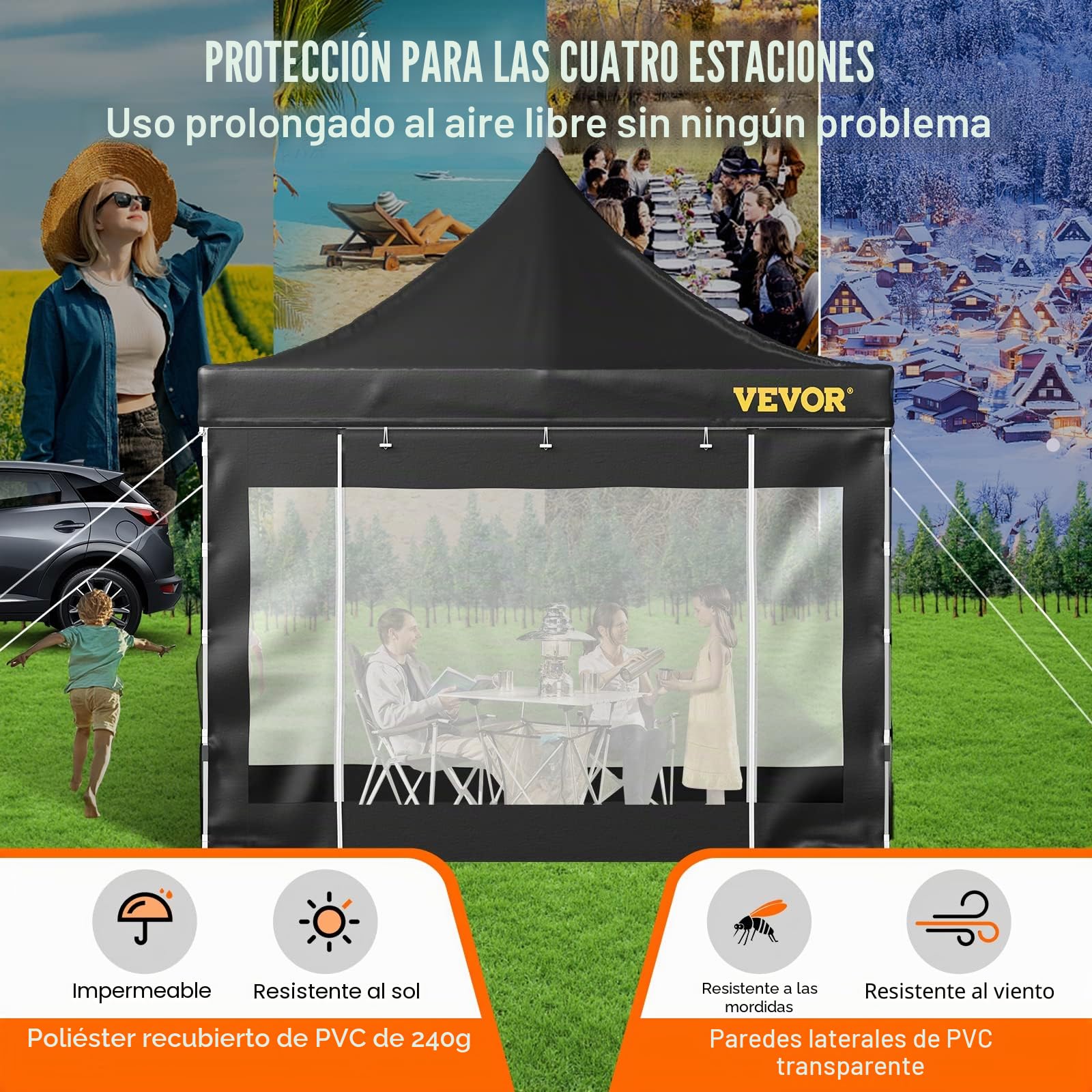VEVOR Carpa Plegable con Paredes Laterales Cenador Plegable de 3 x 3 m Carpas Impermeables de PVC con Bolsa de Tela Cenador para Exteriores 3 Alturas Ajustables Negro para Fiestas, Bodas, Reuniones
