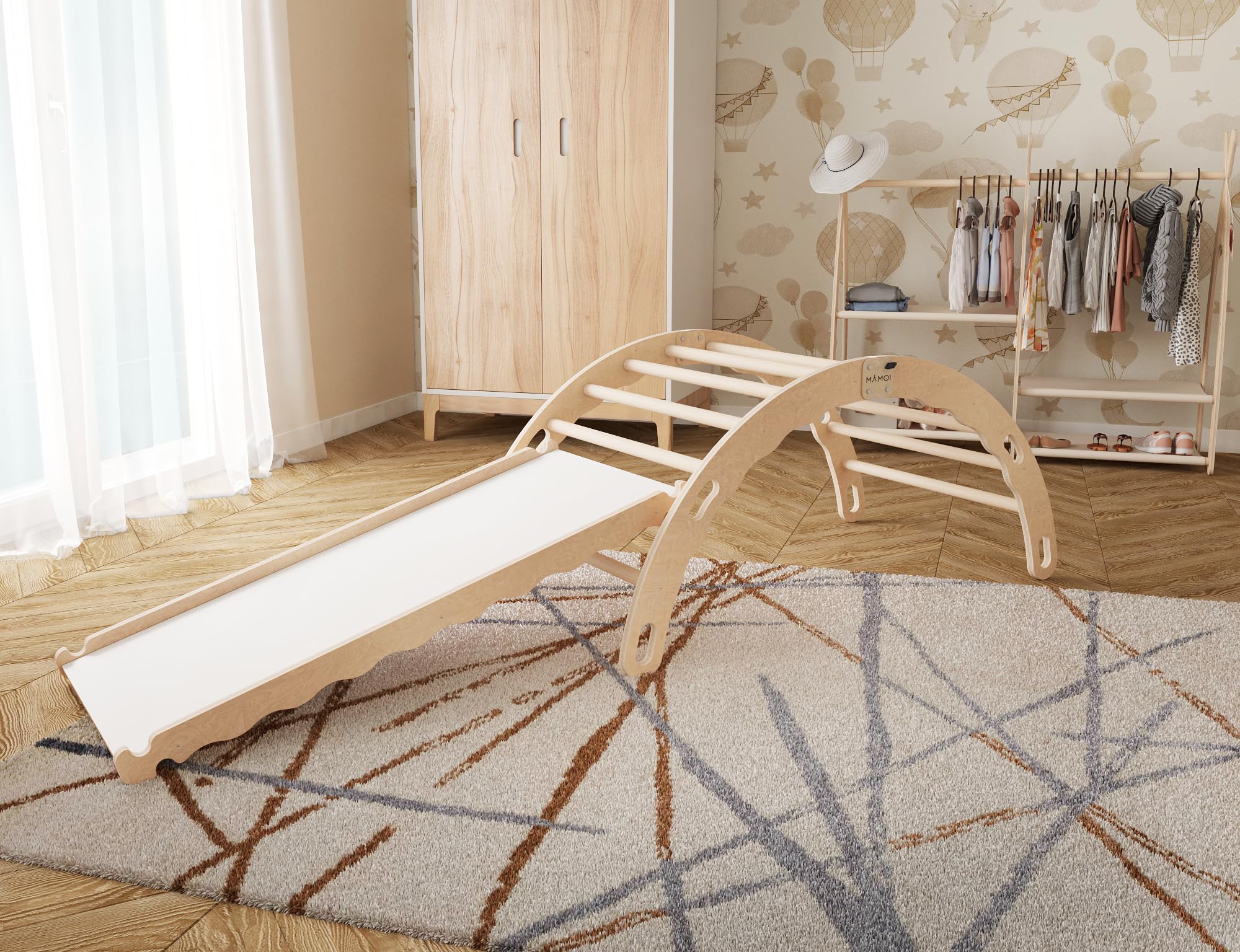 MAMOI® Kletterbogen mit Rutsche, Kletterdreieck, Klettern, Klettergerüst aus Holz, Holzbogen, Rutschbrett für Spielplatz, Klettergerüst Indoor