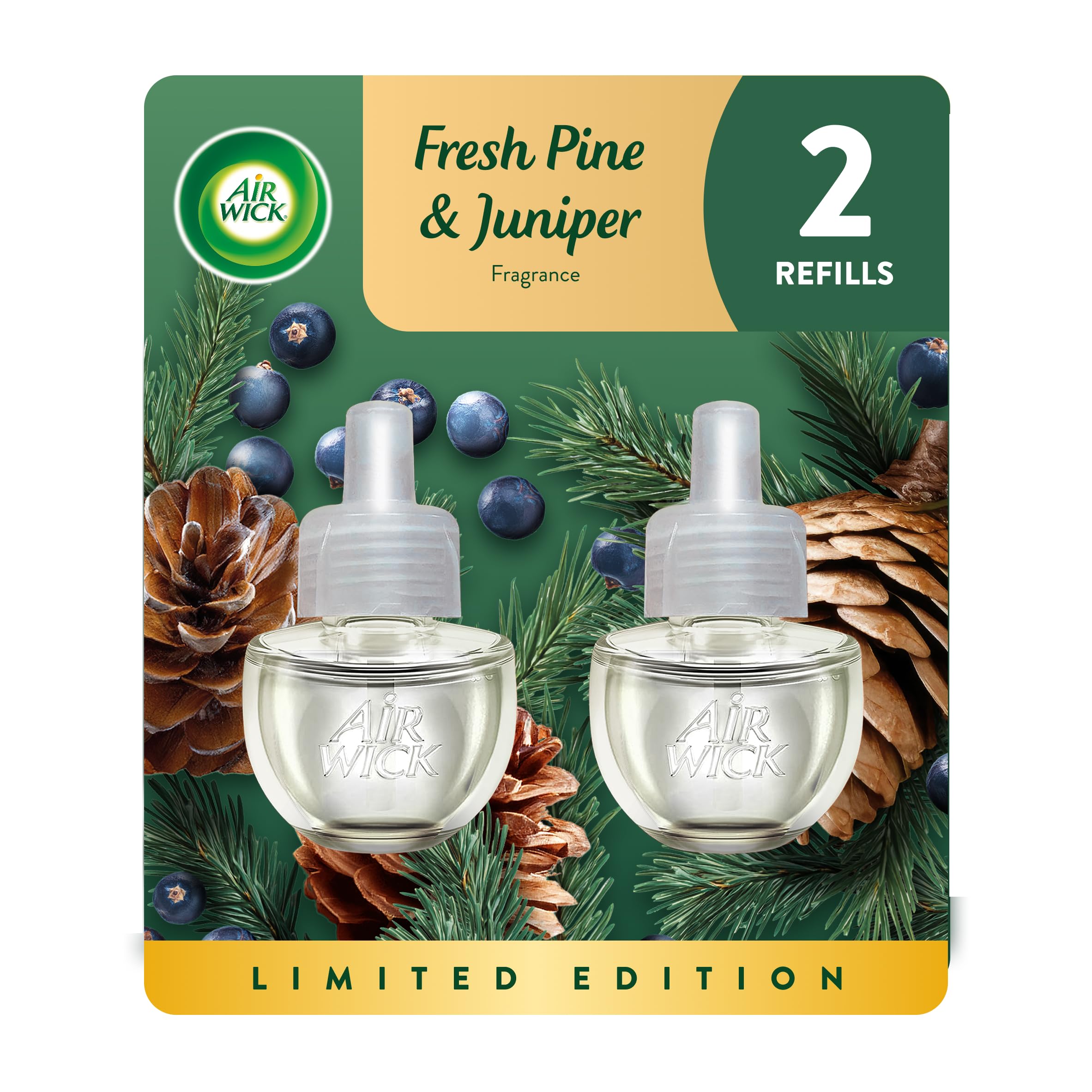 Air WickPlug in Scented Oil 2 Refills, Fresh Pine and Juniper, Fall scent, Fall spray, (2x0.67oz), Essential Oils, Air Freshener, Packaging May Vary